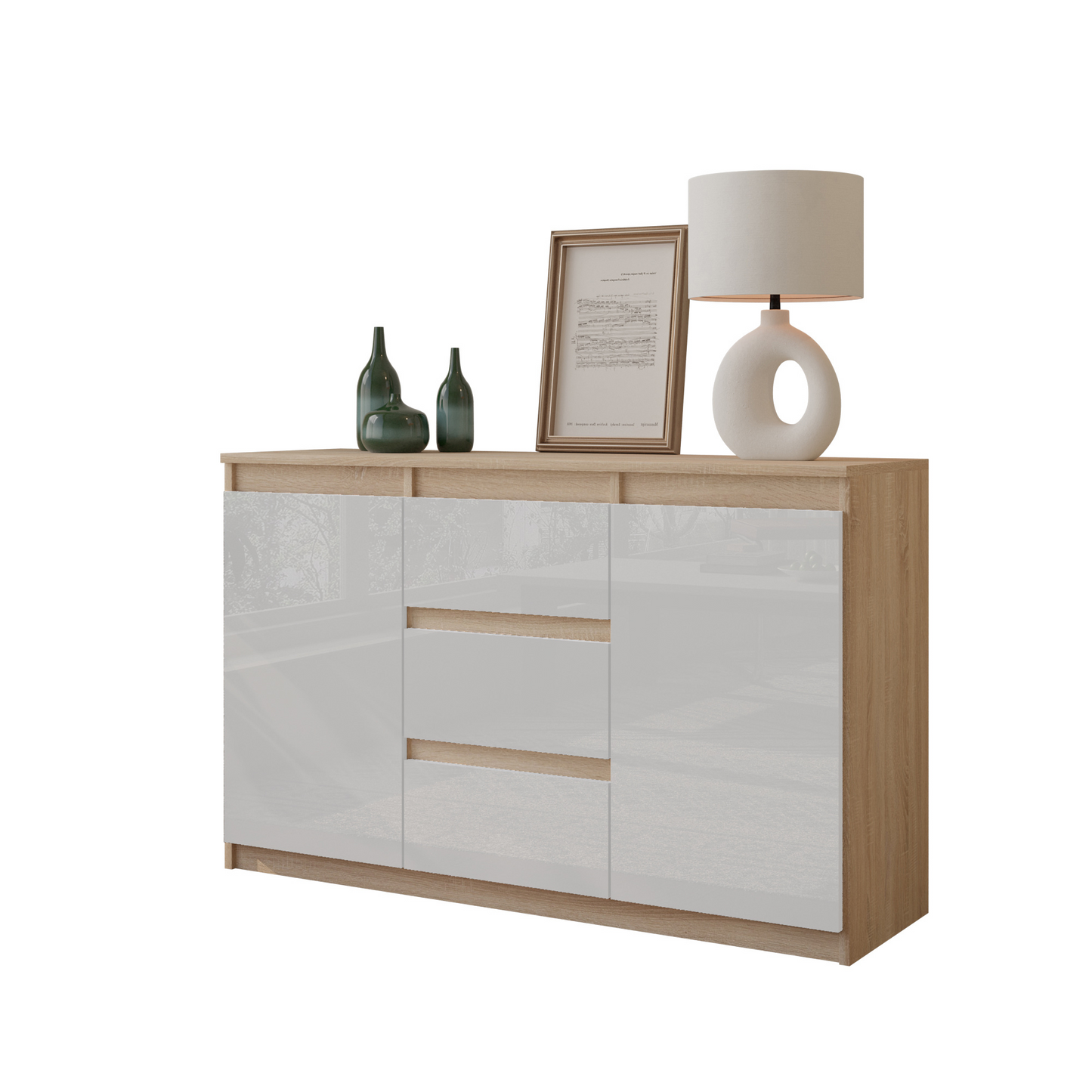 MIKEL - Kommode / Sideboard mit 3 Schubladen und 2 Türen - Sonoma Eiche / Weiß Gloss