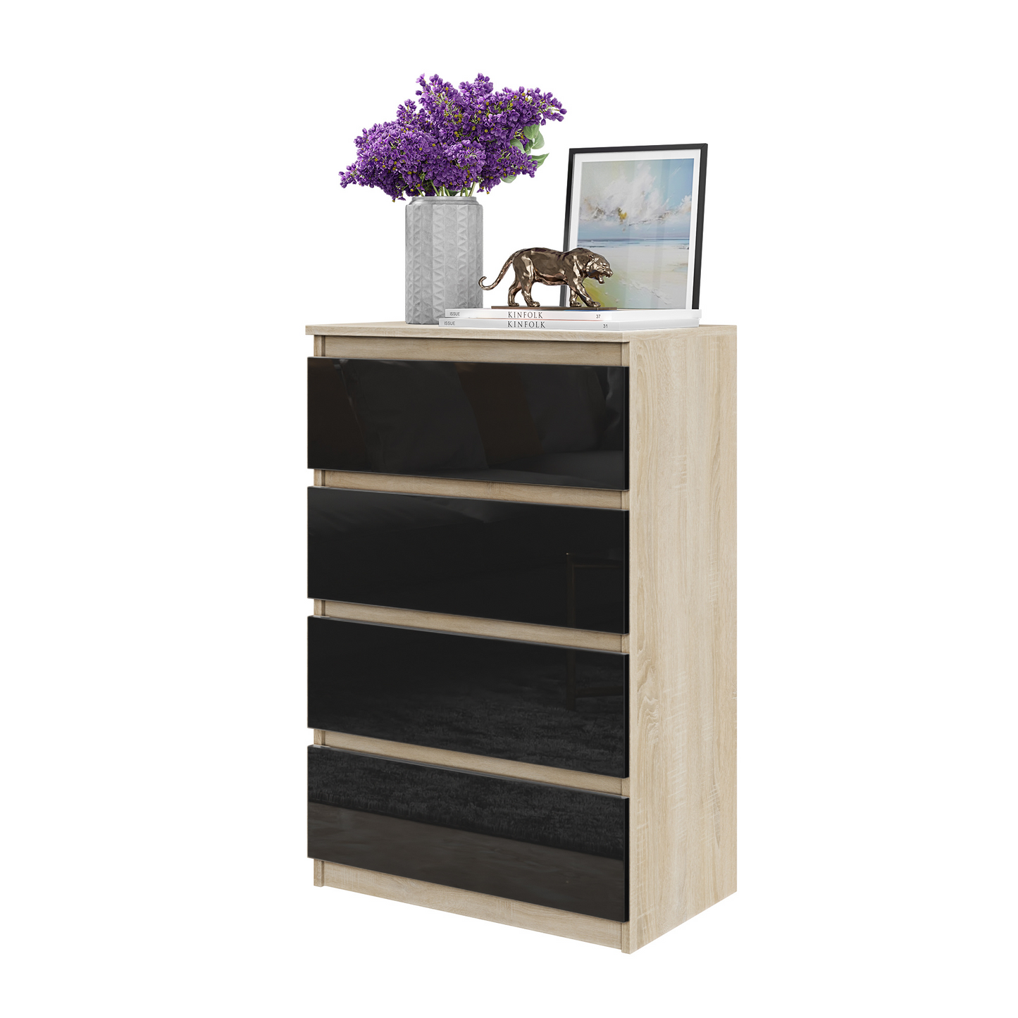 GABRIEL - Kommode / Sideboard mit 4 Schubladen - Sonoma Eiche / Schwarz Glanz H92cm B60cm T33cm