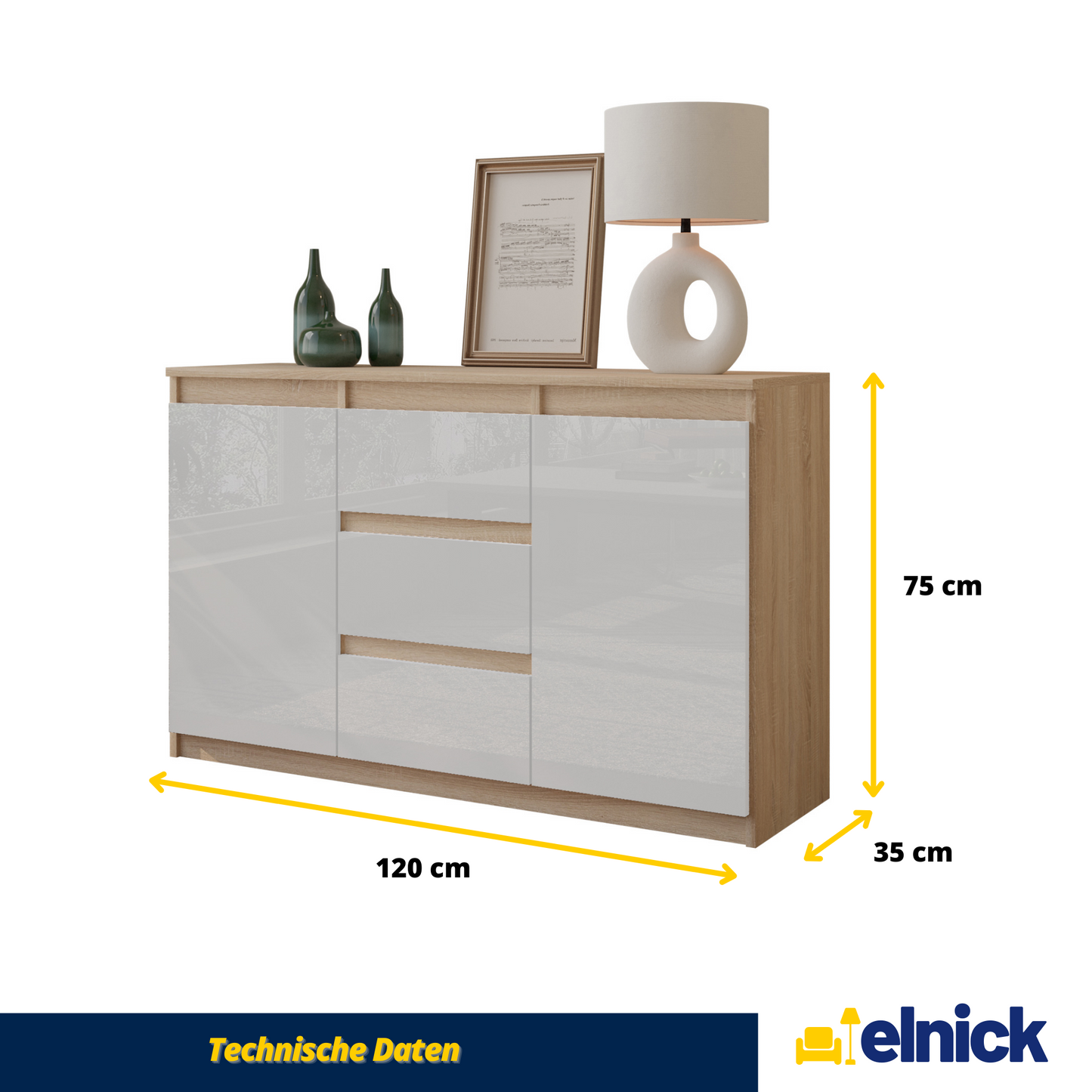 MIKEL - Kommode / Sideboard mit 3 Schubladen und 2 Türen - Sonoma Eiche / Weiß Gloss