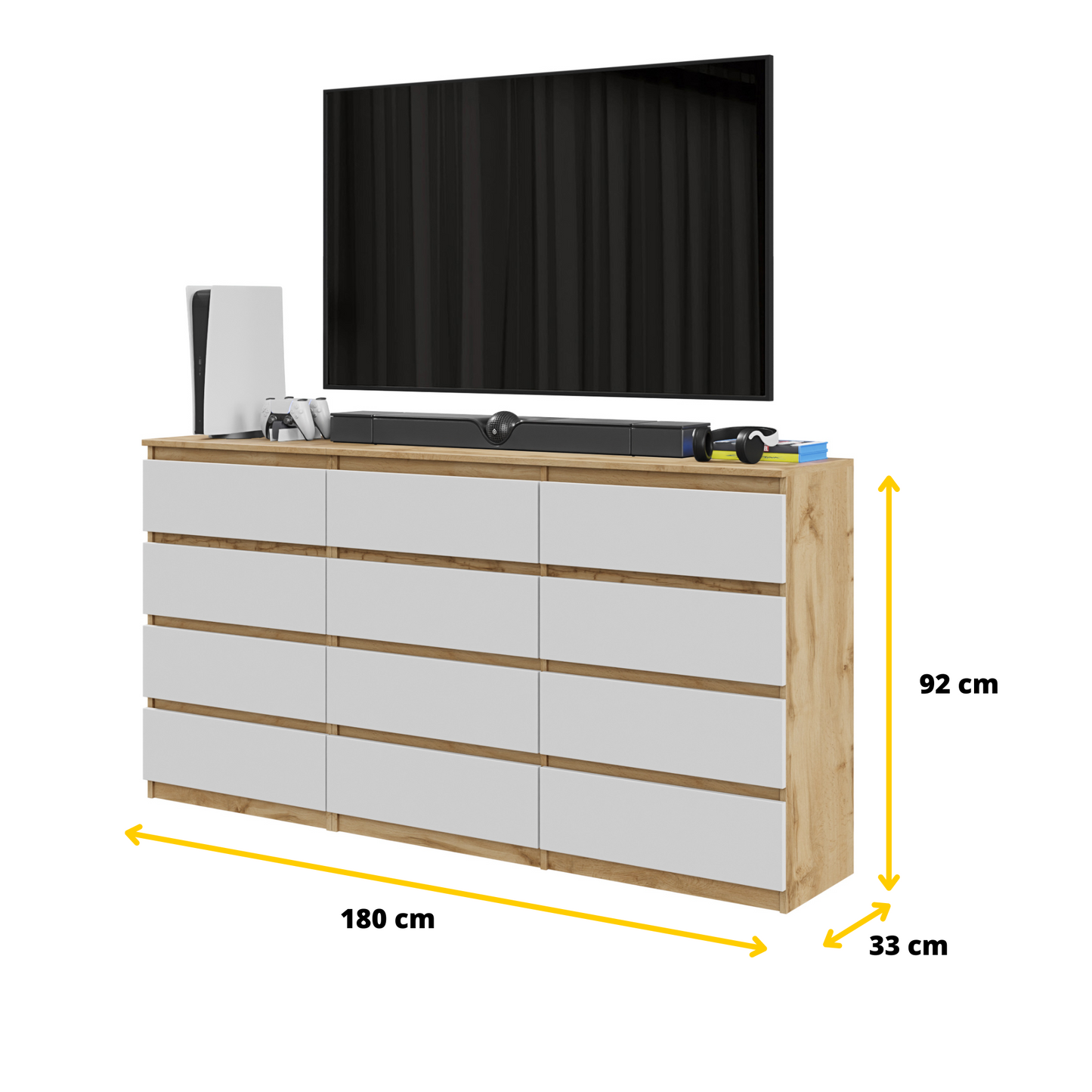 GABRIEL - Kommode / Sideboard mit 12 Schubladen (8+4) - Wotan Eiche / Weiß Matt