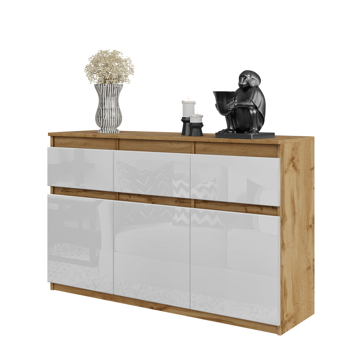 NOAH - Kommode / Sideboard mit 3 Schubladen und 3 Türen - Wotan Eiche / Weiß Gloss