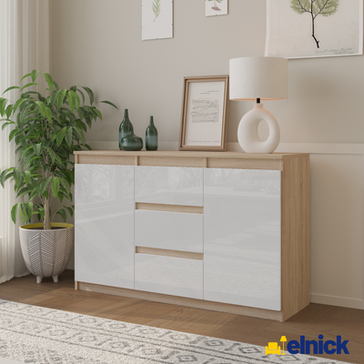 MIKEL - Kommode / Sideboard mit 3 Schubladen und 2 Türen - Sonoma Eiche / Weiß Gloss