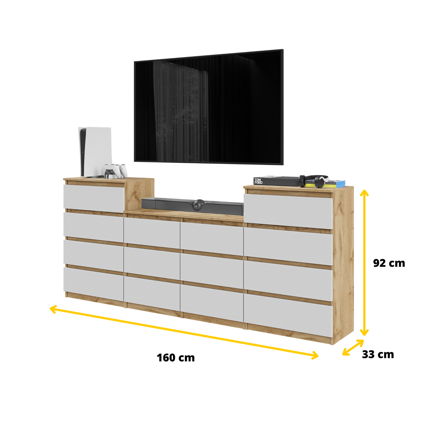 GABRIEL - Kommode / Sideboard mit 14 Schubladen (4+6+4) - Wotan Eiche / Weiß Matt