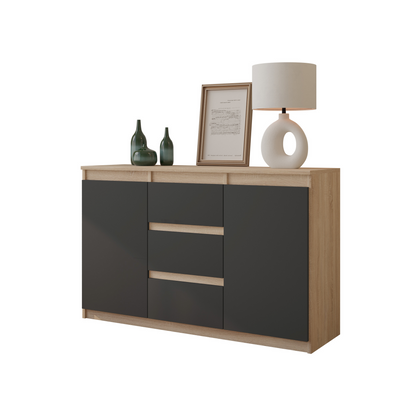 MIKEL - Kommode / Sideboard mit 3 Schubladen und 2 Türen - Sonoma Eiche / Athrazit Grau