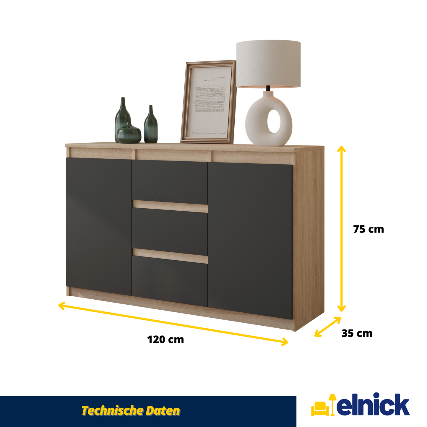 MIKEL - Kommode / Sideboard mit 3 Schubladen und 2 Türen - Sonoma Eiche / Athrazit Grau