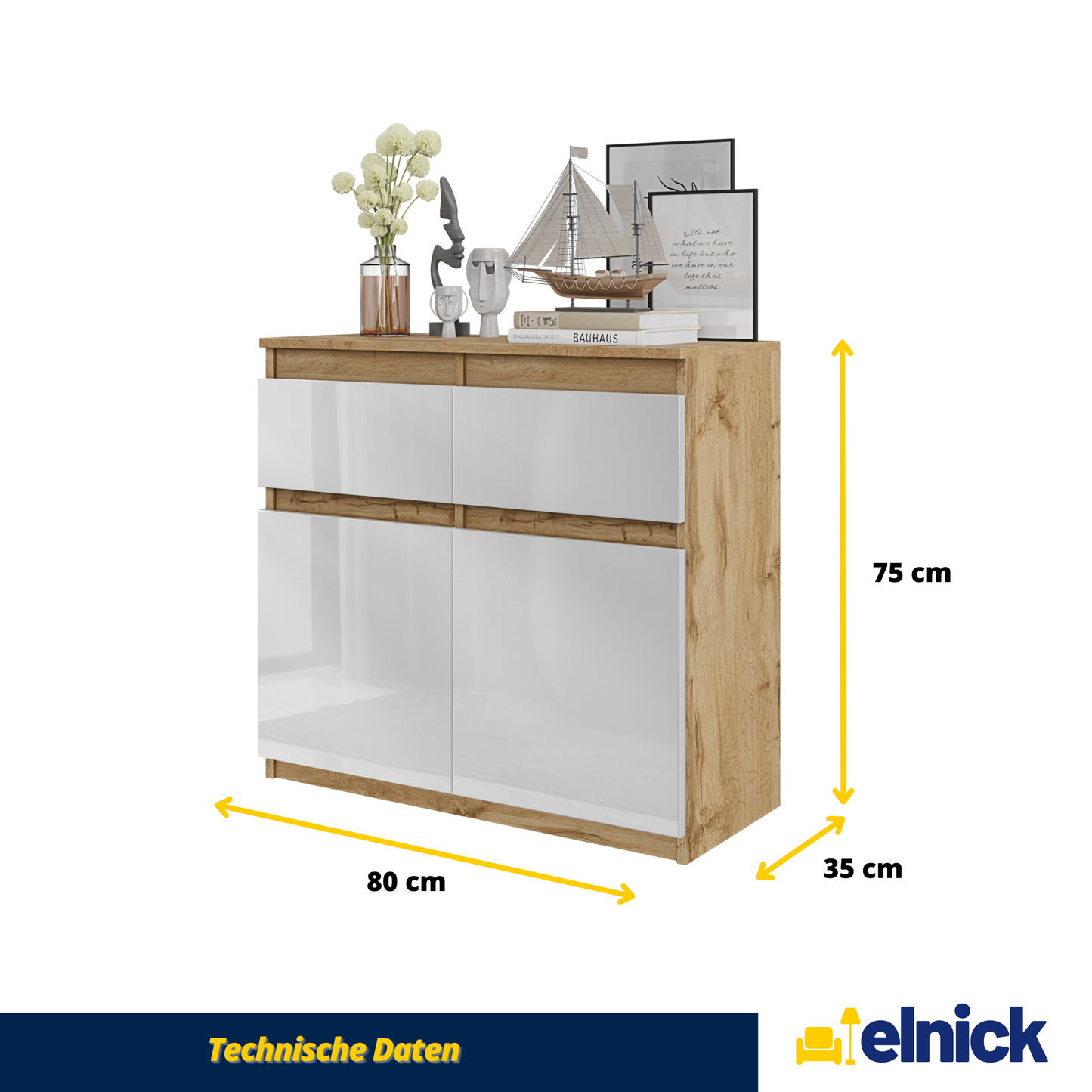 NOAH - Kommode / Sideboard mit 2 Schubladen und 2 Türen - Wotan Eiche / Weiß Gloss