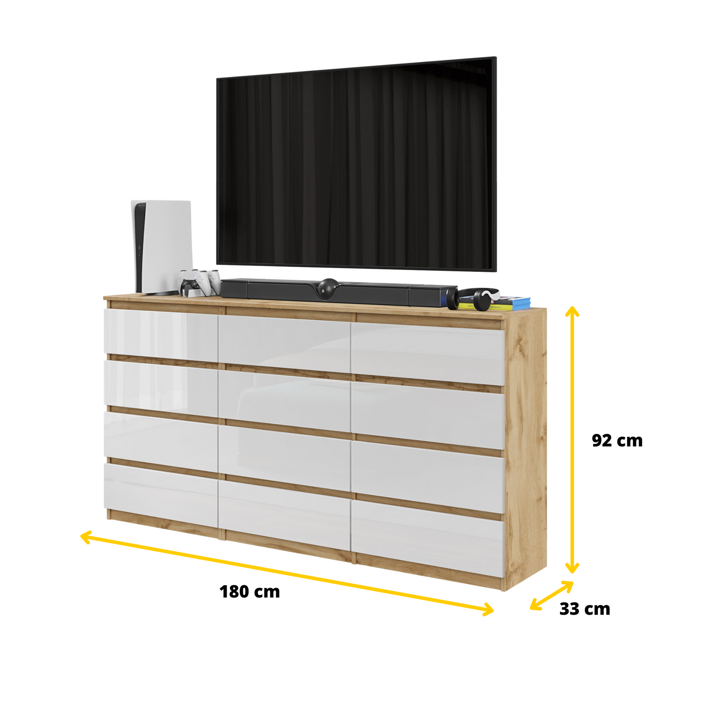 GABRIEL - Kommode / Sideboard mit 12 Schubladen (8+4) - Wotan Eiche / Weiß Gloss