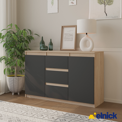 MIKEL - Kommode / Sideboard mit 3 Schubladen und 2 Türen - Sonoma Eiche / Athrazit Grau