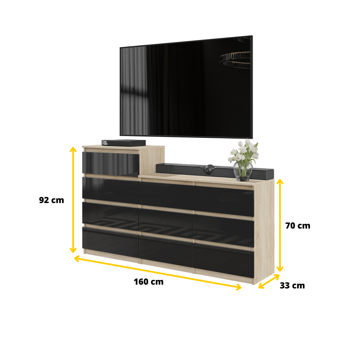 GABRIEL - Kommode / Sideboard mit 10 Schubladen (6+4) - Sonoma Eiche / Schwarz Gloss