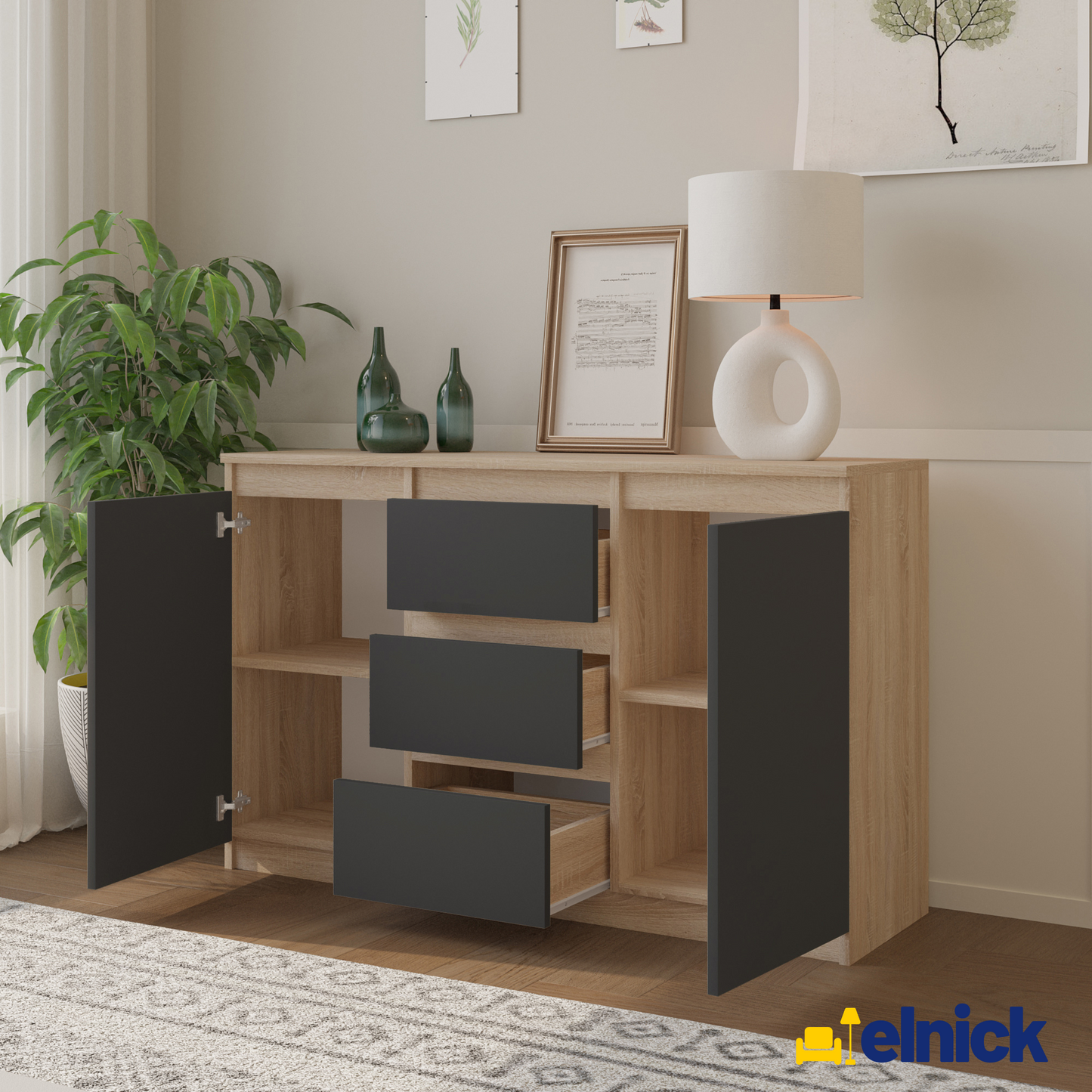 MIKEL - Kommode / Sideboard mit 3 Schubladen und 2 Türen - Sonoma Eiche / Athrazit Grau