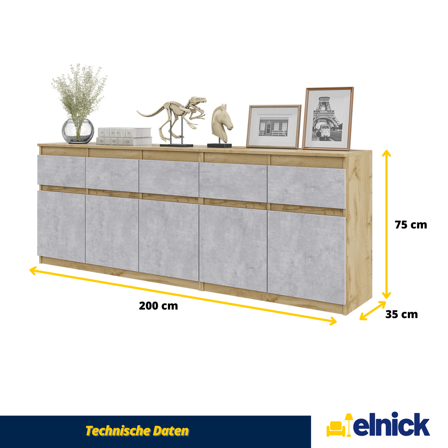 NOAH - Kommode / Sideboard mit 5 Schubladen und 5 Türen - Wotan Eiche / Beton-Optik