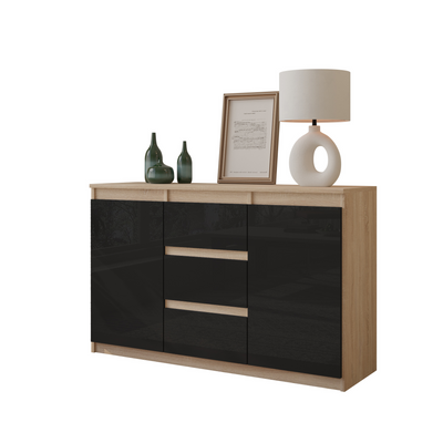 MIKEL - Kommode / Sideboard mit 3 Schubladen und 2 Türen - Sonoma Eiche / Schwarz Gloss