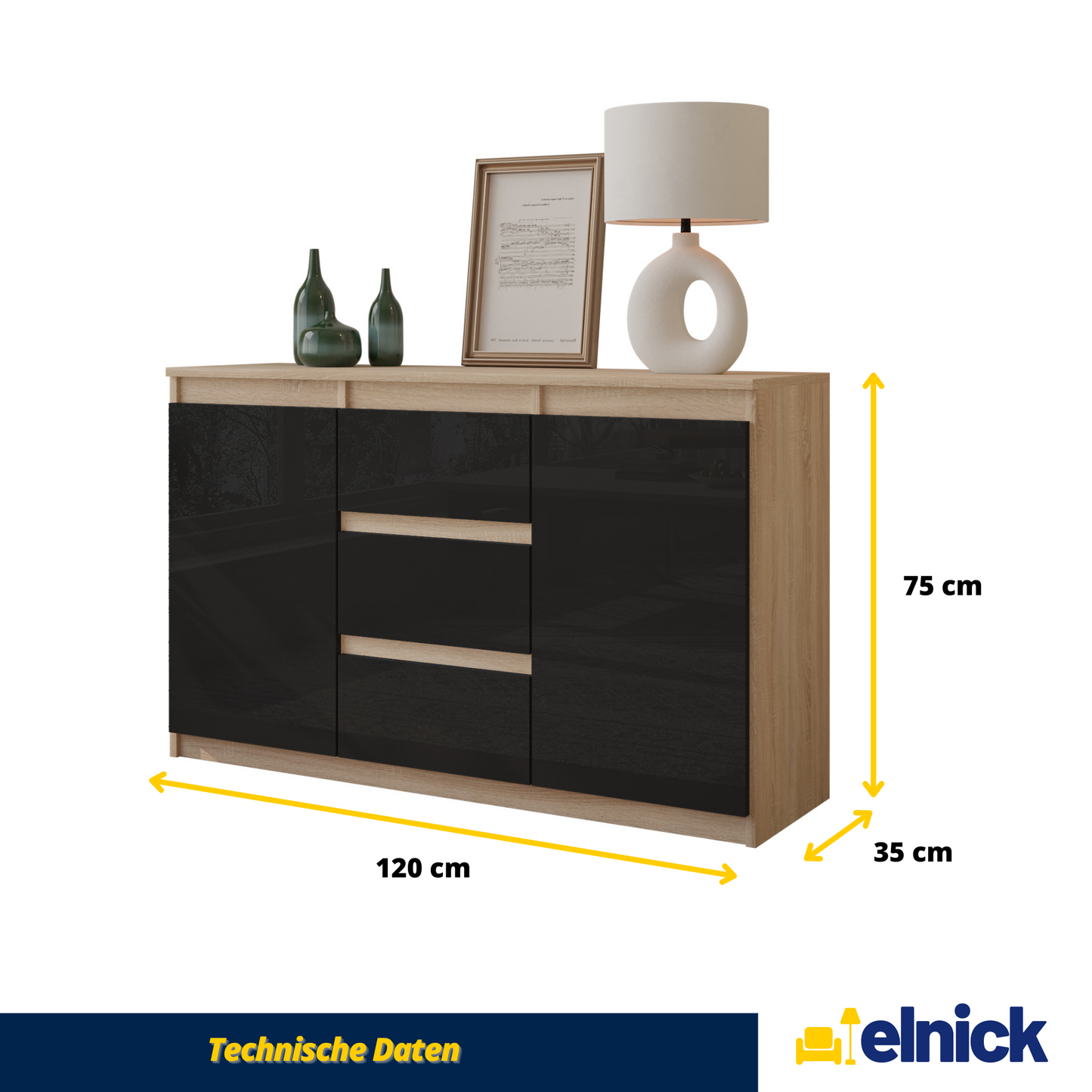 MIKEL - Kommode / Sideboard mit 3 Schubladen und 2 Türen - Sonoma Eiche / Schwarz Gloss