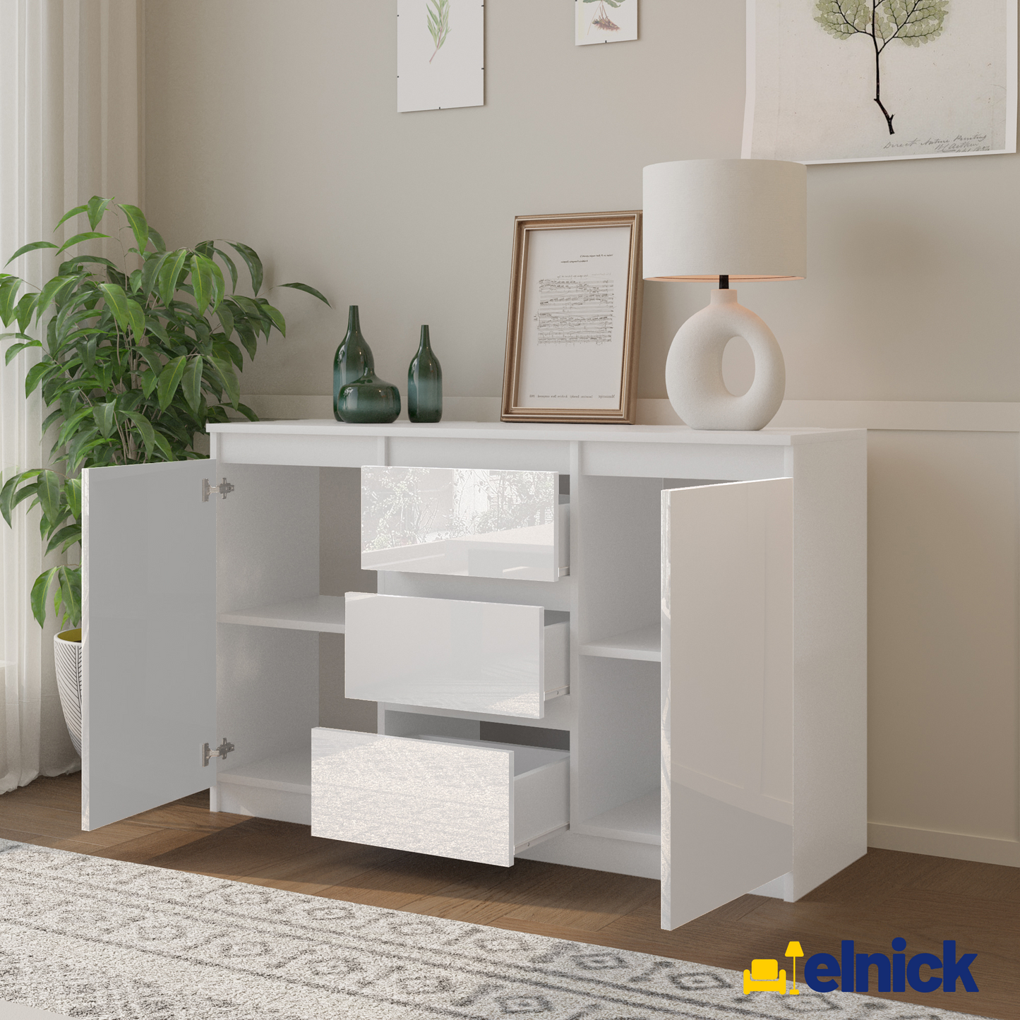 MIKEL - Kommode / Sideboard mit 3 Schubladen und 2 Türen - Weiß Matt / Weiß Gloss