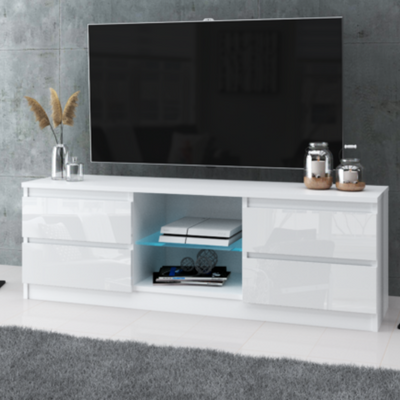 MARCO - TV Lowboard mit 4 Schubladen und 1 Glasboden - Weiß Matt / Weiß Gloss