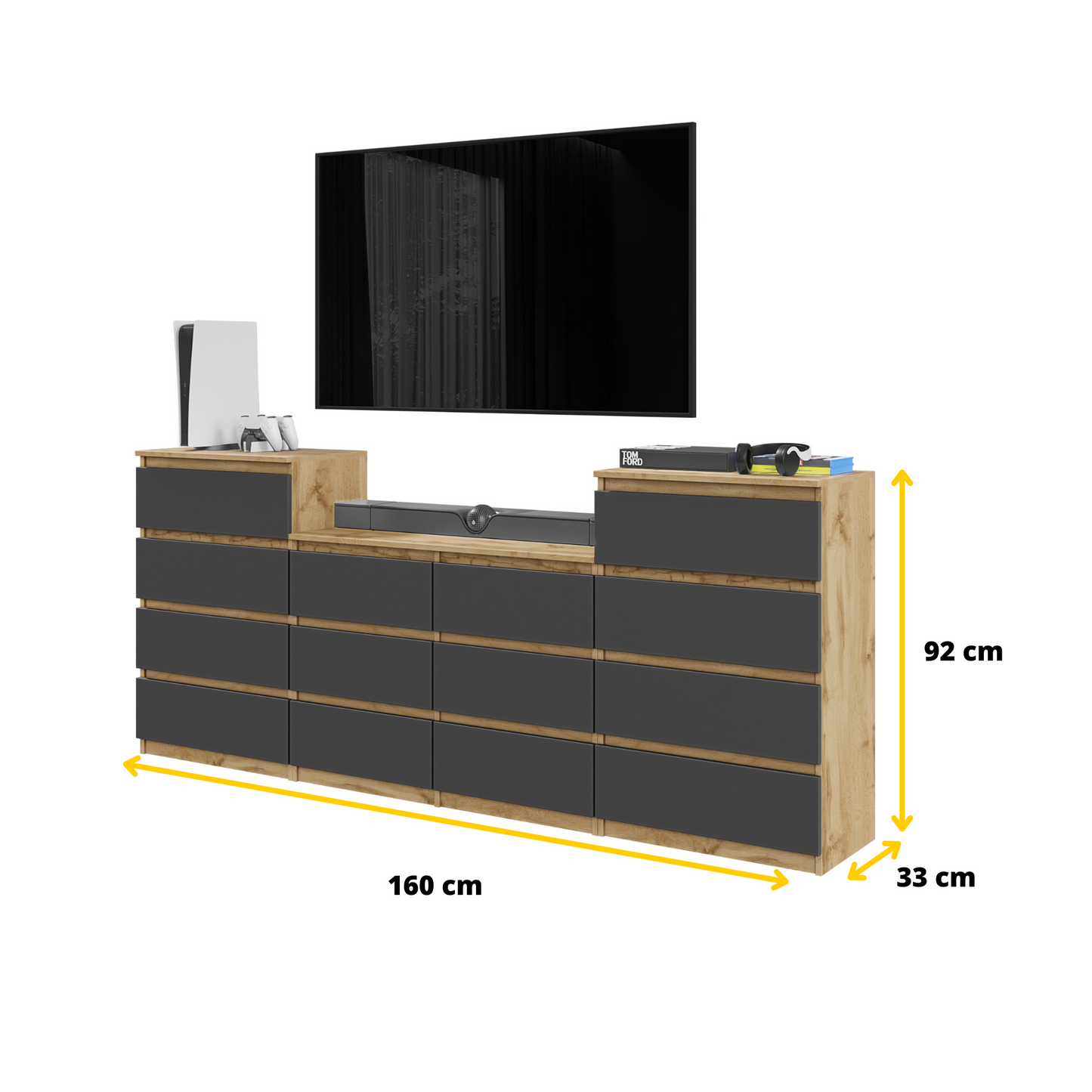 GABRIEL - Kommode / Sideboard mit 14 Schubladen (4+6+4) - Wotan Eiche / Anthrazit