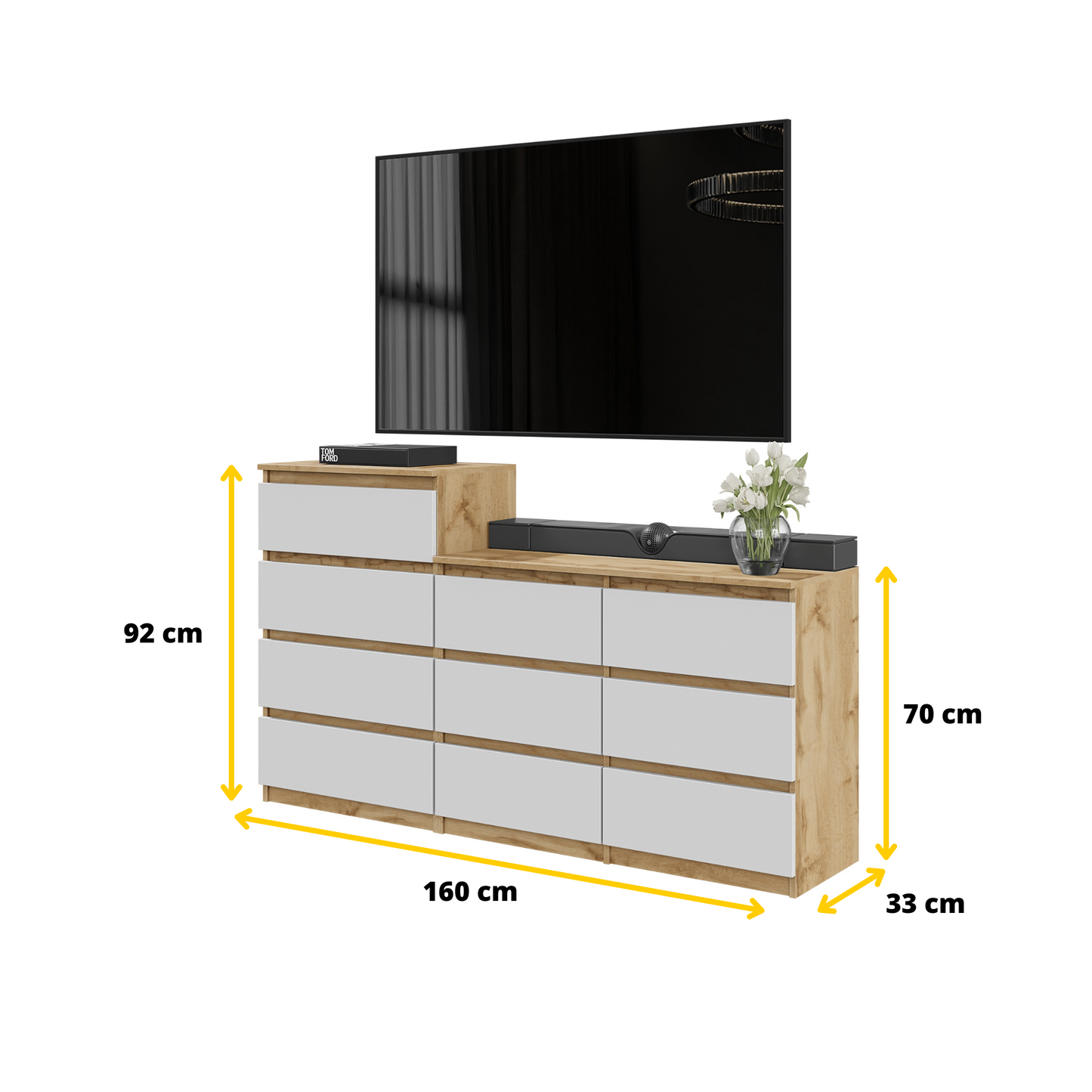 GABRIEL - Kommode / Sideboard mit 10 Schubladen (6+4) - Wotan Eiche / Weiß Matt