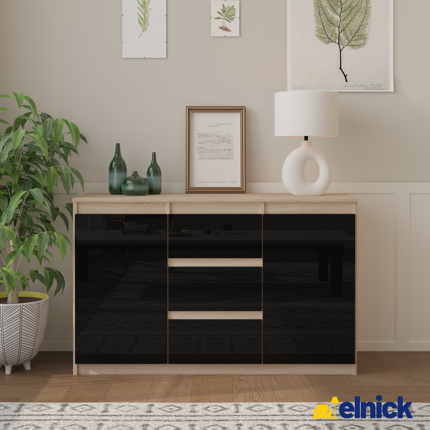 MIKEL - Kommode / Sideboard mit 3 Schubladen und 2 Türen - Sonoma Eiche / Schwarz Gloss