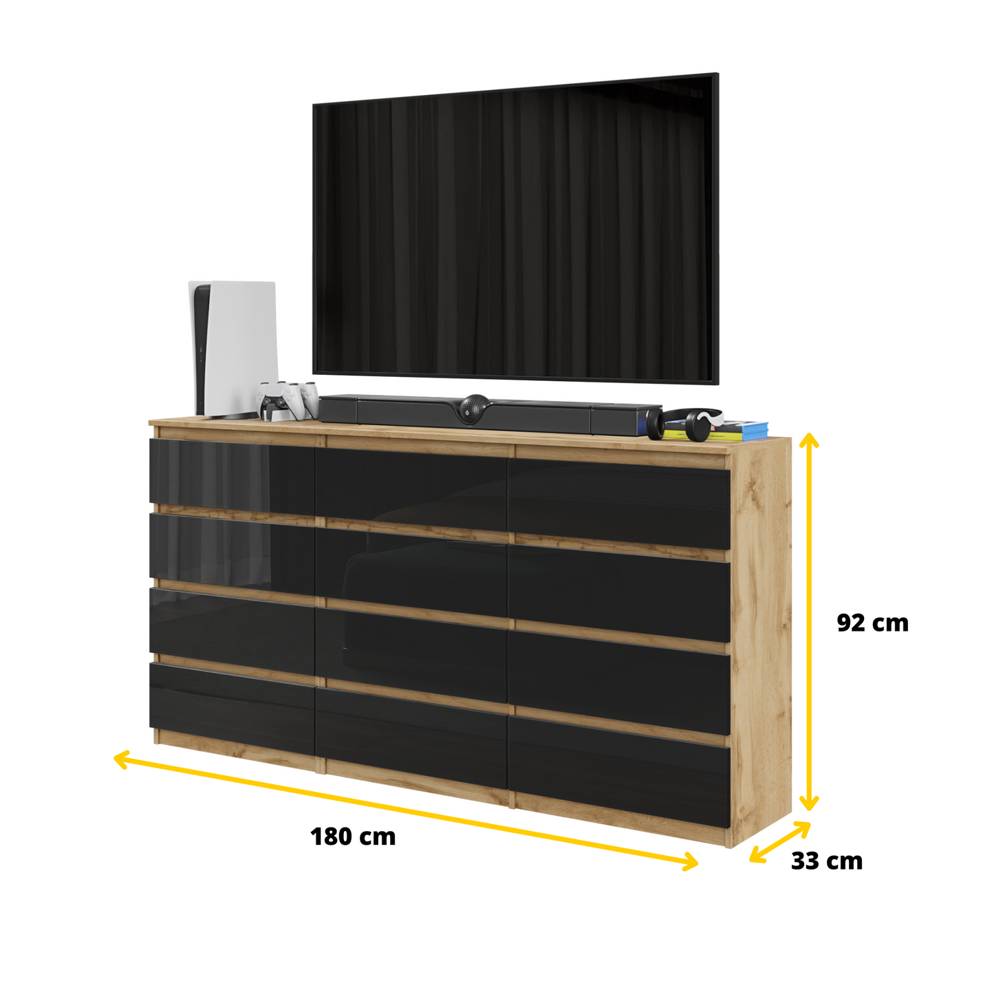 GABRIEL - Kommode / Sideboard mit 12 Schubladen (8+4) - Wotan Eiche / Schwarz Gloss