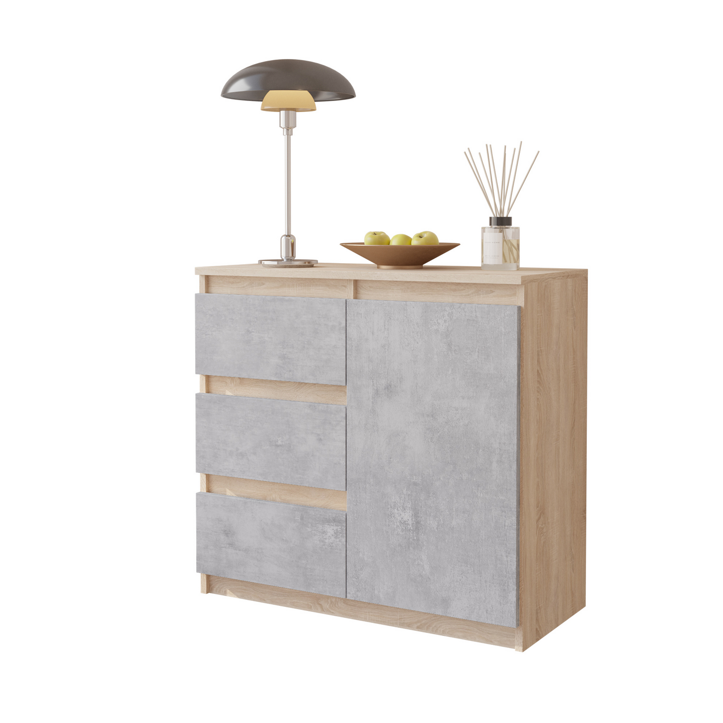 MIKEL - Kommode / Sideboard mit 3 Schubladen und 1 Tür - Sonoma Eiche / Beton-Optik