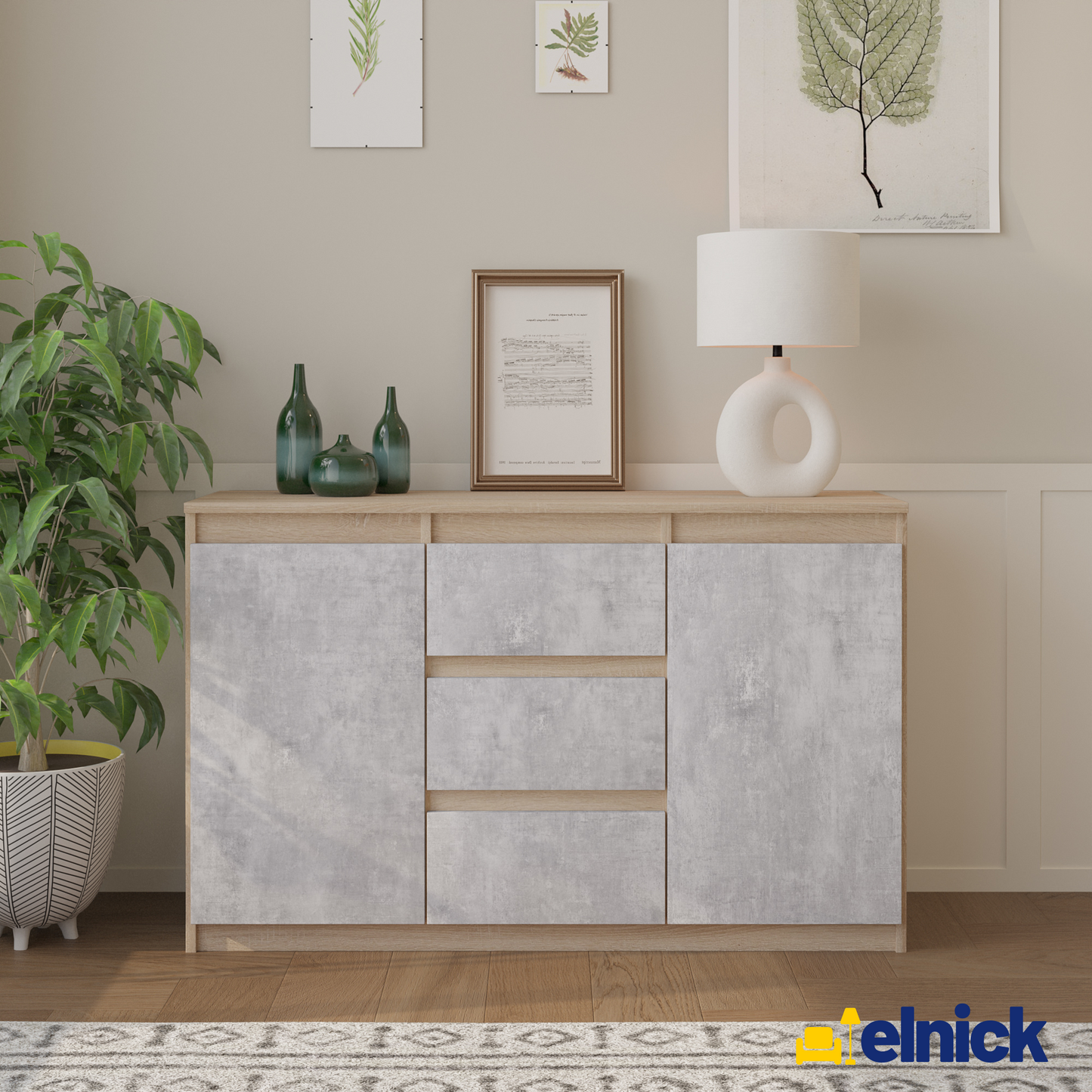 MIKEL - Kommode / Sideboard mit 3 Schubladen und 2 Türen - Sonoma Eiche / Beton-Optik