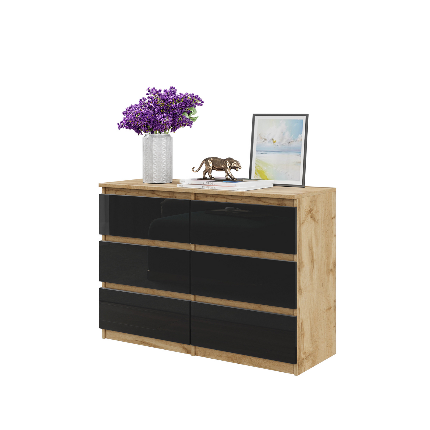 GABRIEL - Kommode / Sideboard mit 6 Schubladen - Wotan Eiche / Schwarz Glanz H71cm B100cm T33cm