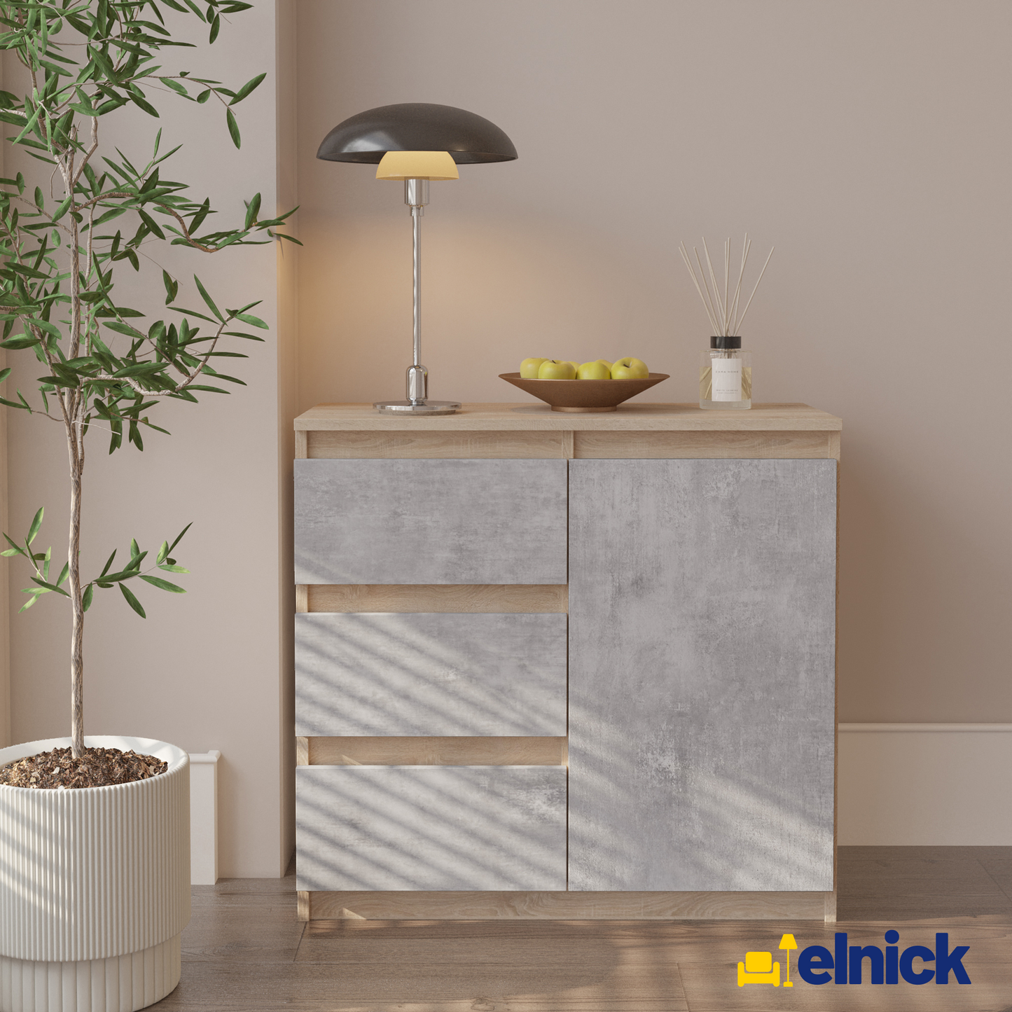 MIKEL - Kommode / Sideboard mit 3 Schubladen und 1 Tür - Sonoma Eiche / Beton-Optik