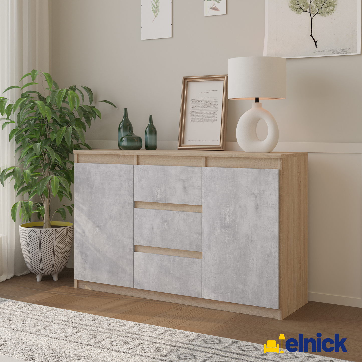 MIKEL - Kommode / Sideboard mit 3 Schubladen und 2 Türen - Sonoma Eiche / Beton-Optik