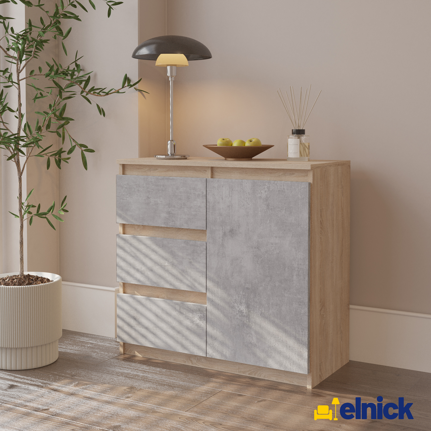 MIKEL - Kommode / Sideboard mit 3 Schubladen und 1 Tür - Sonoma Eiche / Beton-Optik