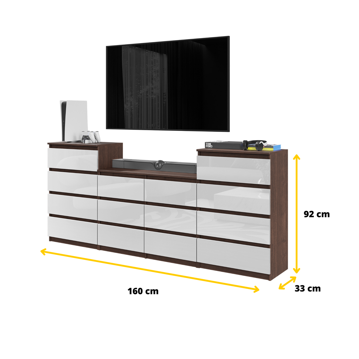 GABRIEL - Kommode / Sideboard mit 14 Schubladen (4+6+4) - Wenge / Weiß Gloss