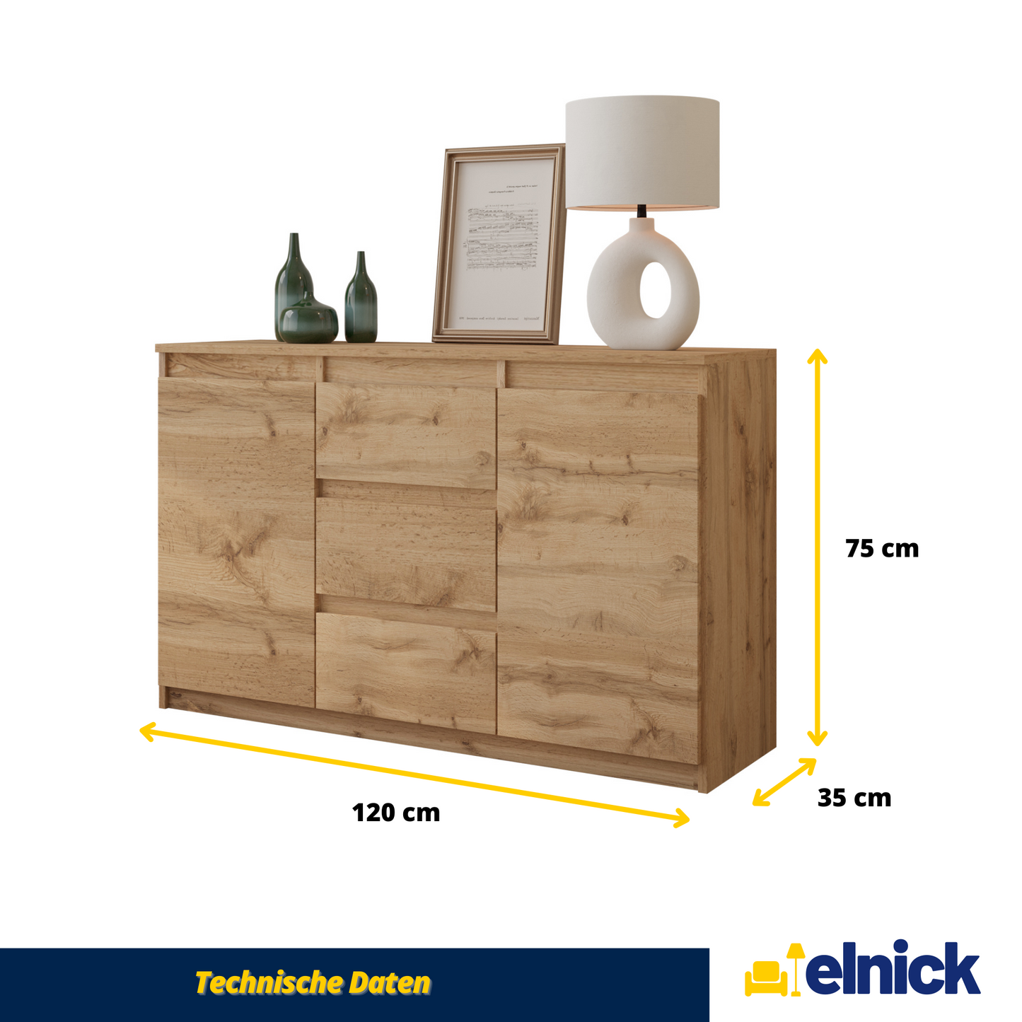 MIKEL - Kommode / Sideboard mit 3 Schubladen und 2 Türen - Wotan Eiche