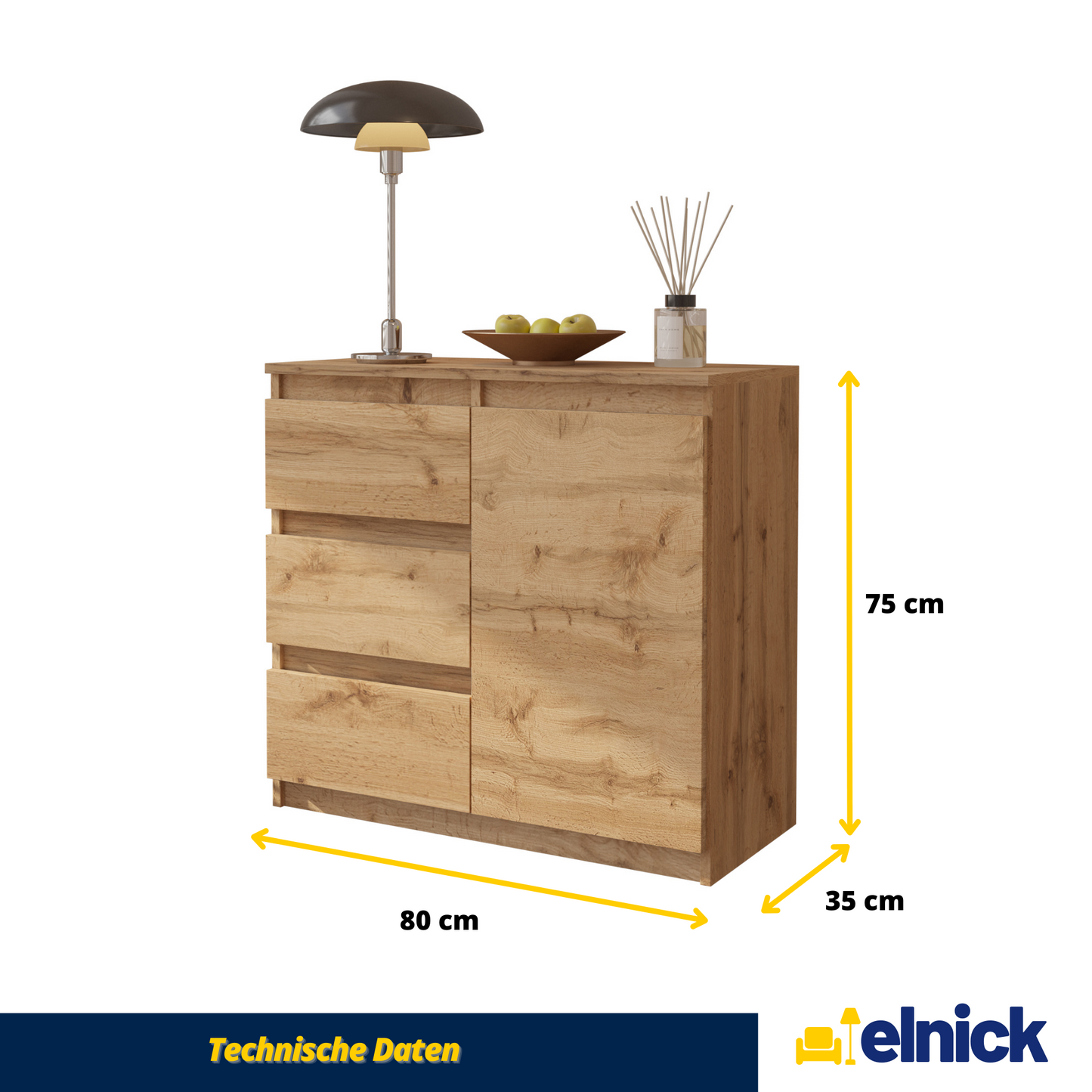 MIKEL - Kommode / Sideboard mit 3 Schubladen und 1 Tür - Wotan Eiche