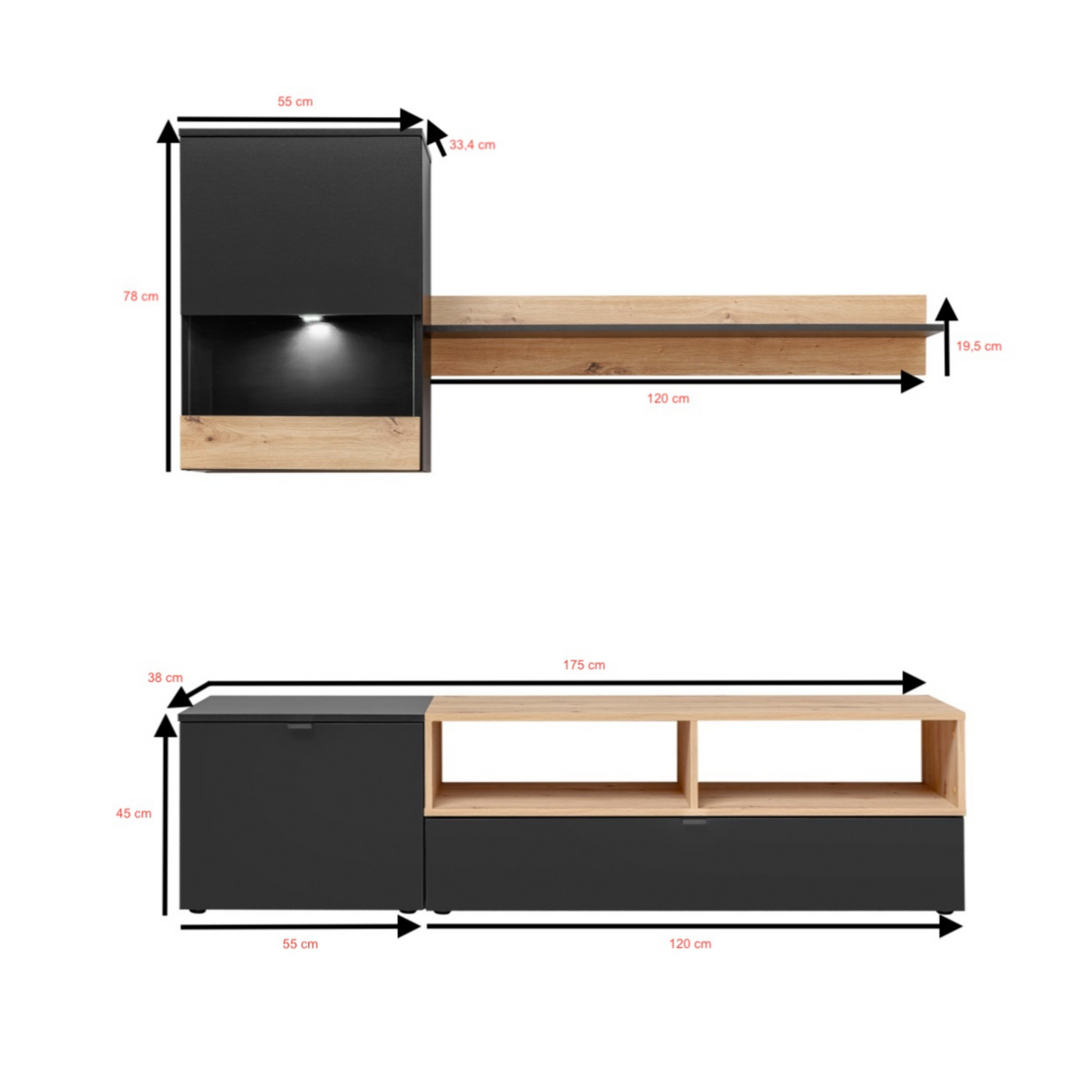 Wohnwand MINI - Wohnzimmer-Möbel-Set - Schwarz Matt / Artisan Eiche