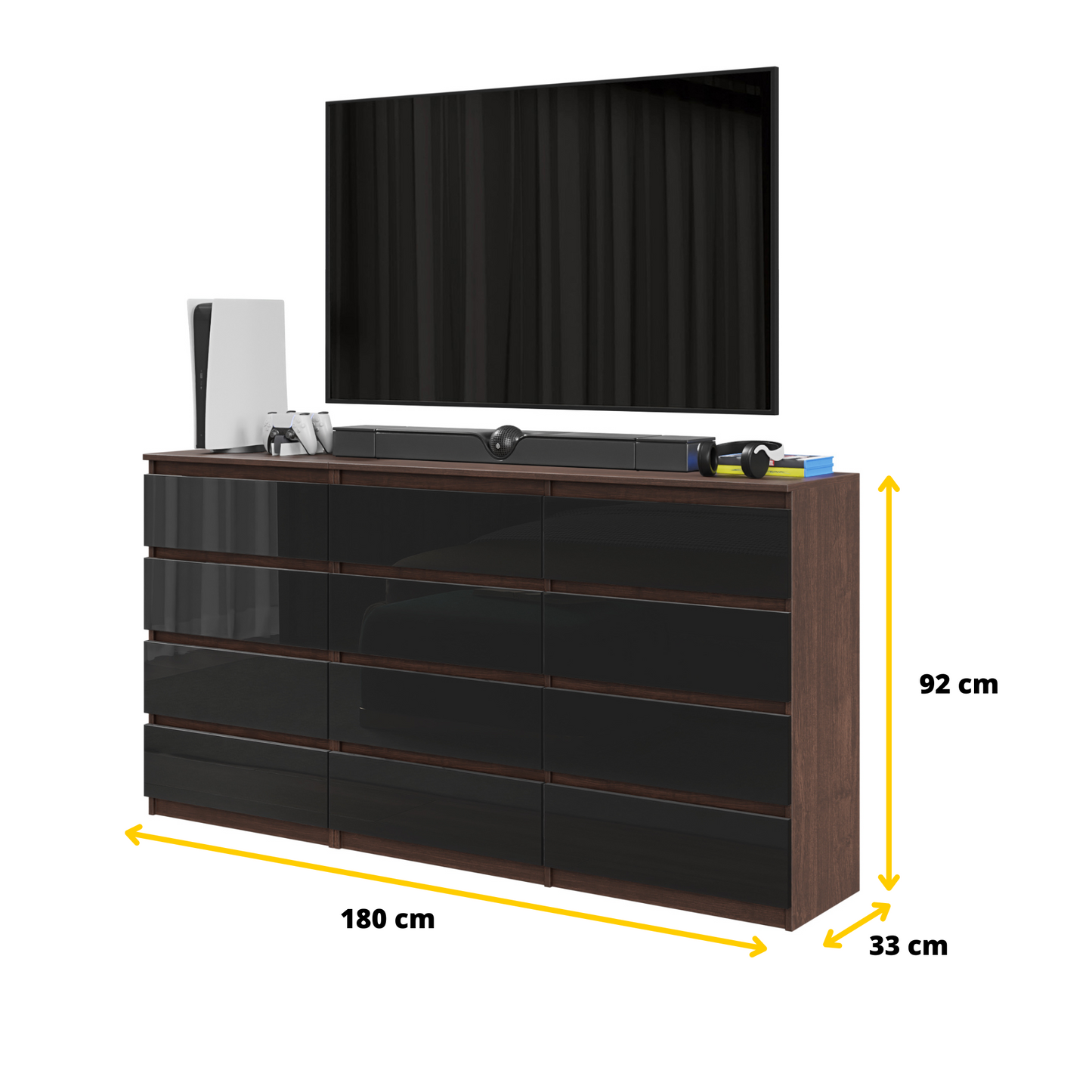 GABRIEL - Kommode / Sideboard mit 12 Schubladen (8+4) - Wenge / Schwarz Gloss