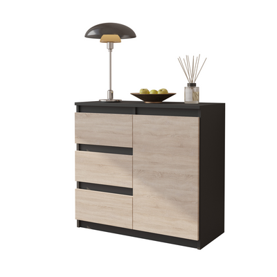 MIKEL - Kommode / Sideboard mit 3 Schubladen und 1 Tür - Anthrazit Grau / Sonoma Eiche