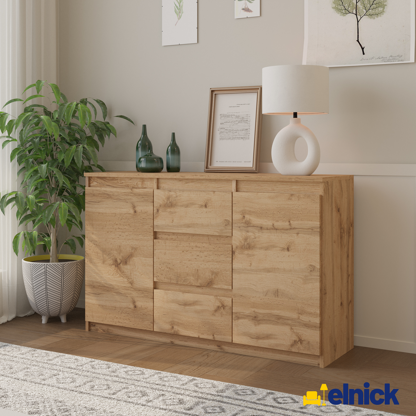 MIKEL - Kommode / Sideboard mit 3 Schubladen und 2 Türen - Wotan Eiche