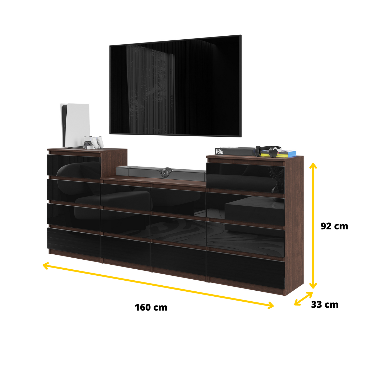 GABRIEL - Kommode / Sideboard mit 14 Schubladen (4+6+4) - Wenge / Schwarz Gloss