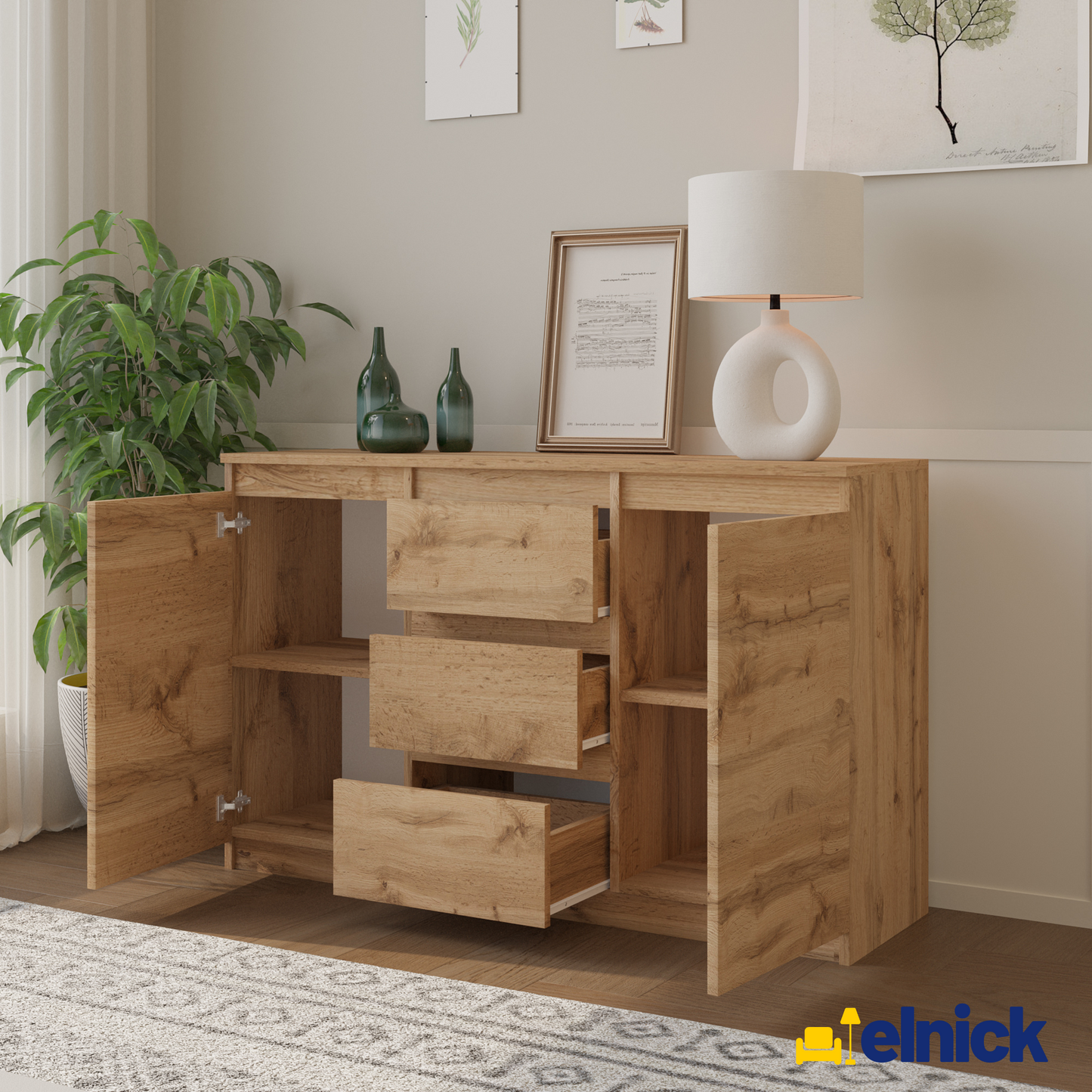 MIKEL - Kommode / Sideboard mit 3 Schubladen und 2 Türen - Wotan Eiche