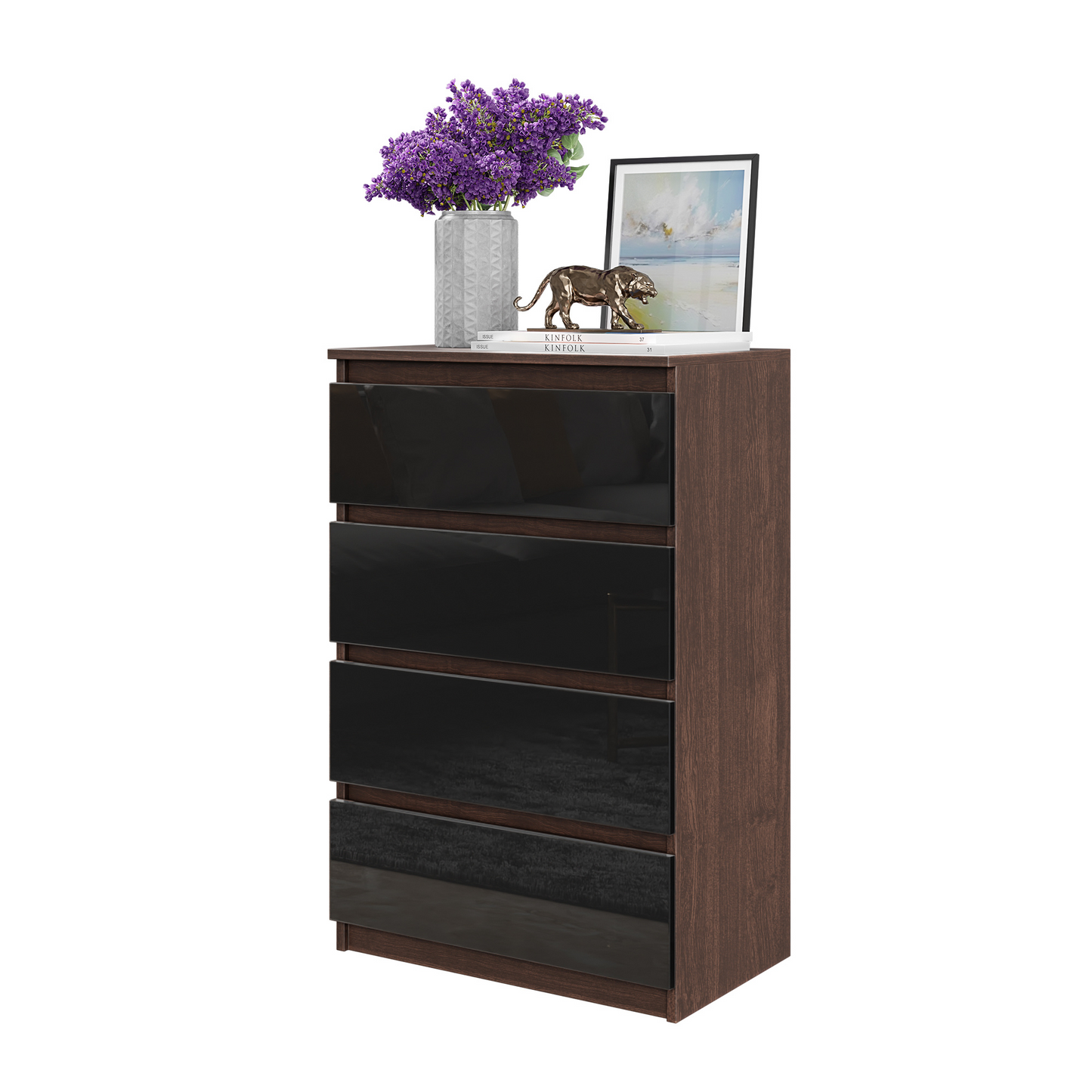 GABRIEL - Kommode / Sideboard mit 4 Schubladen - Wenge / Schwarz Glanz H92cm B60cm T33cm