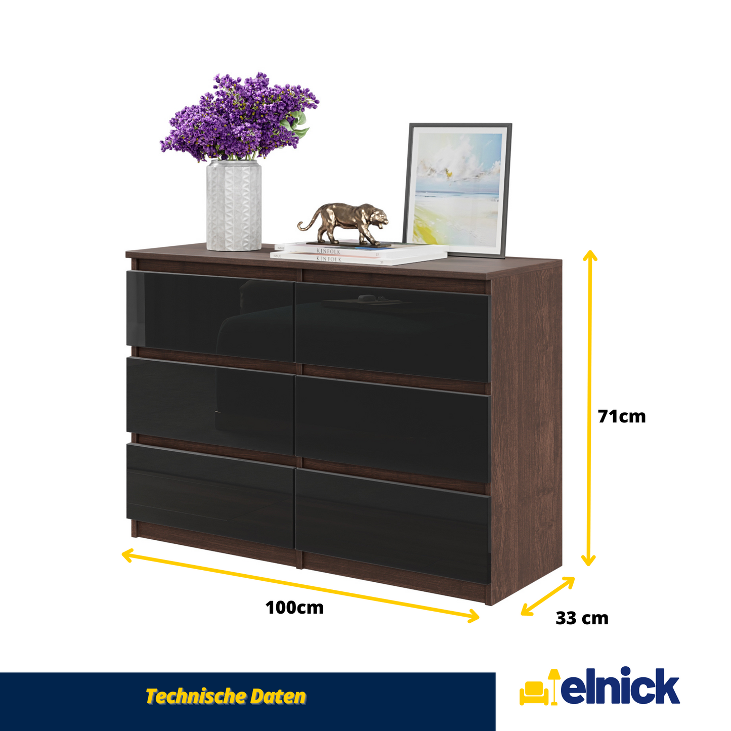 GABRIEL - Kommode / Sideboard mit 6 Schubladen - Wenge / Schwarz Glanz H71cm B100cm T33cm