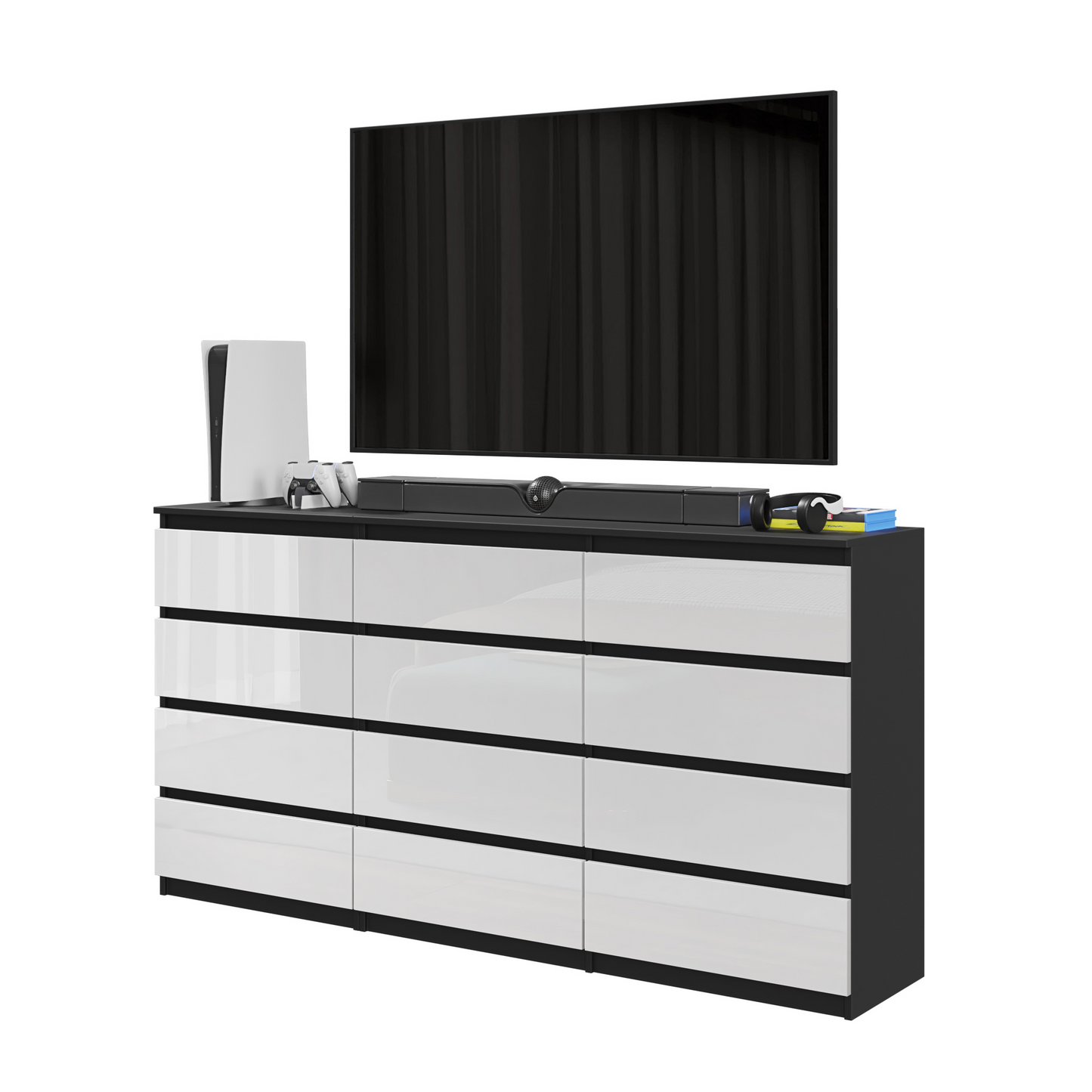 GABRIEL - Kommode / Sideboard mit 12 Schubladen (8+4) - Schwarz Matt / Weiß Gloss