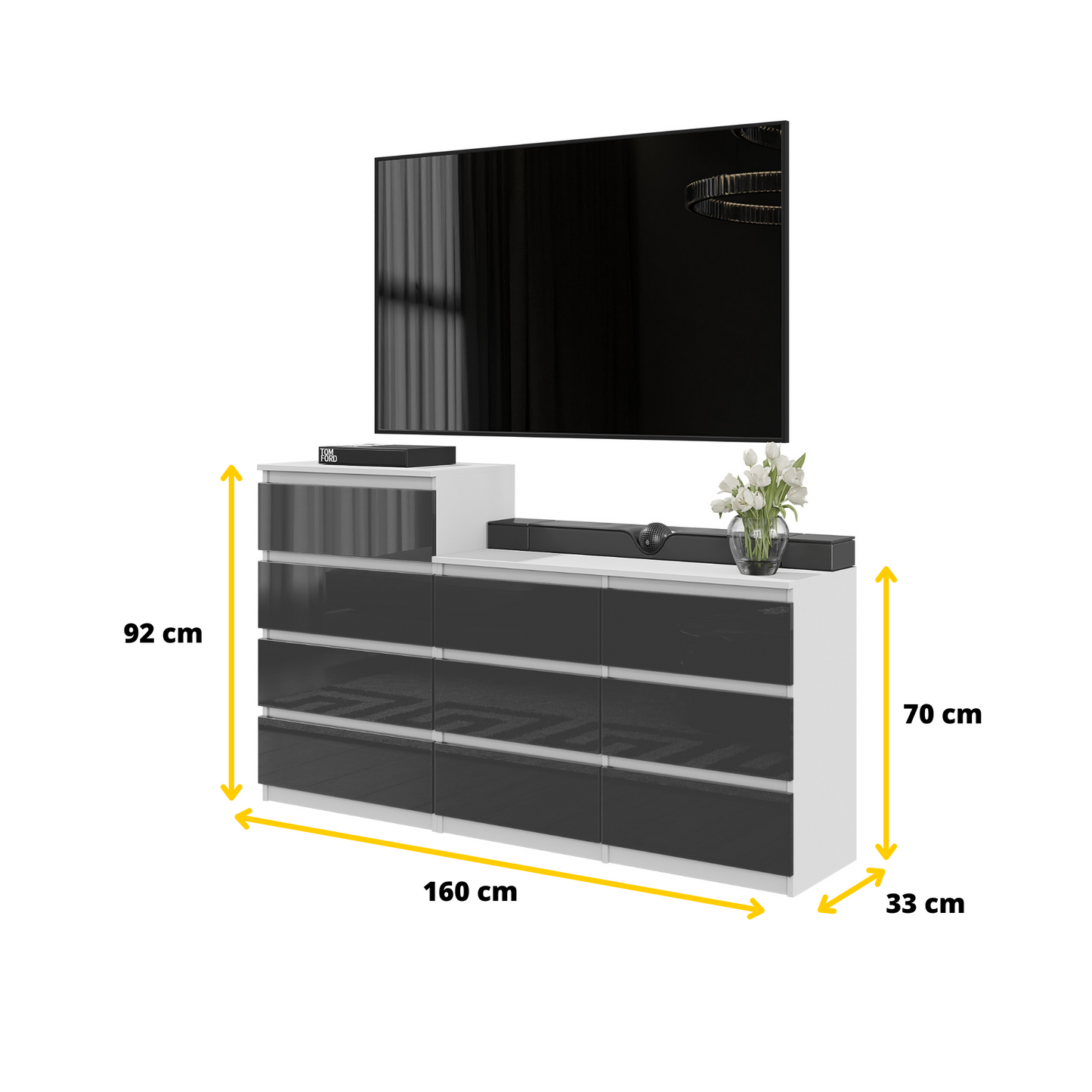 GABRIEL - Kommode / Sideboard mit 10 Schubladen (6+4) - Weiß Matt / Anthrazit Gloss