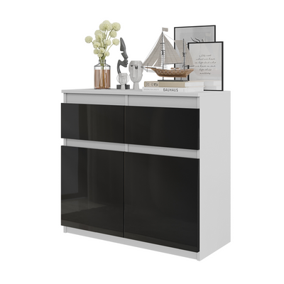 NOAH - Kommode / Sideboard mit 2 Schubladen und 2 Türen - Weiß Matt / Schwarz Gloss