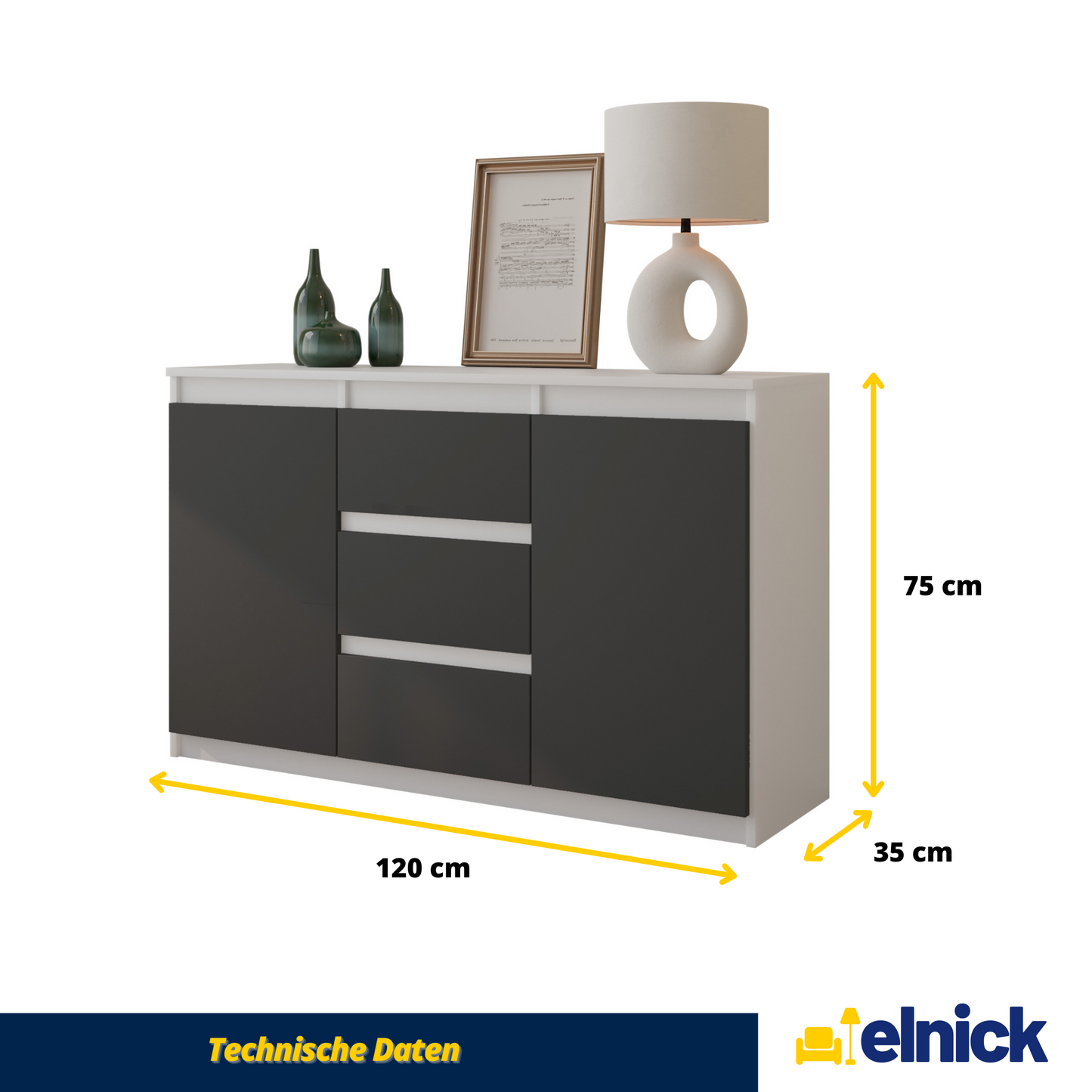 MIKEL - Kommode / Sideboard mit 3 Schubladen und 2 Türen - Weiß Matt / Athrazit Grau