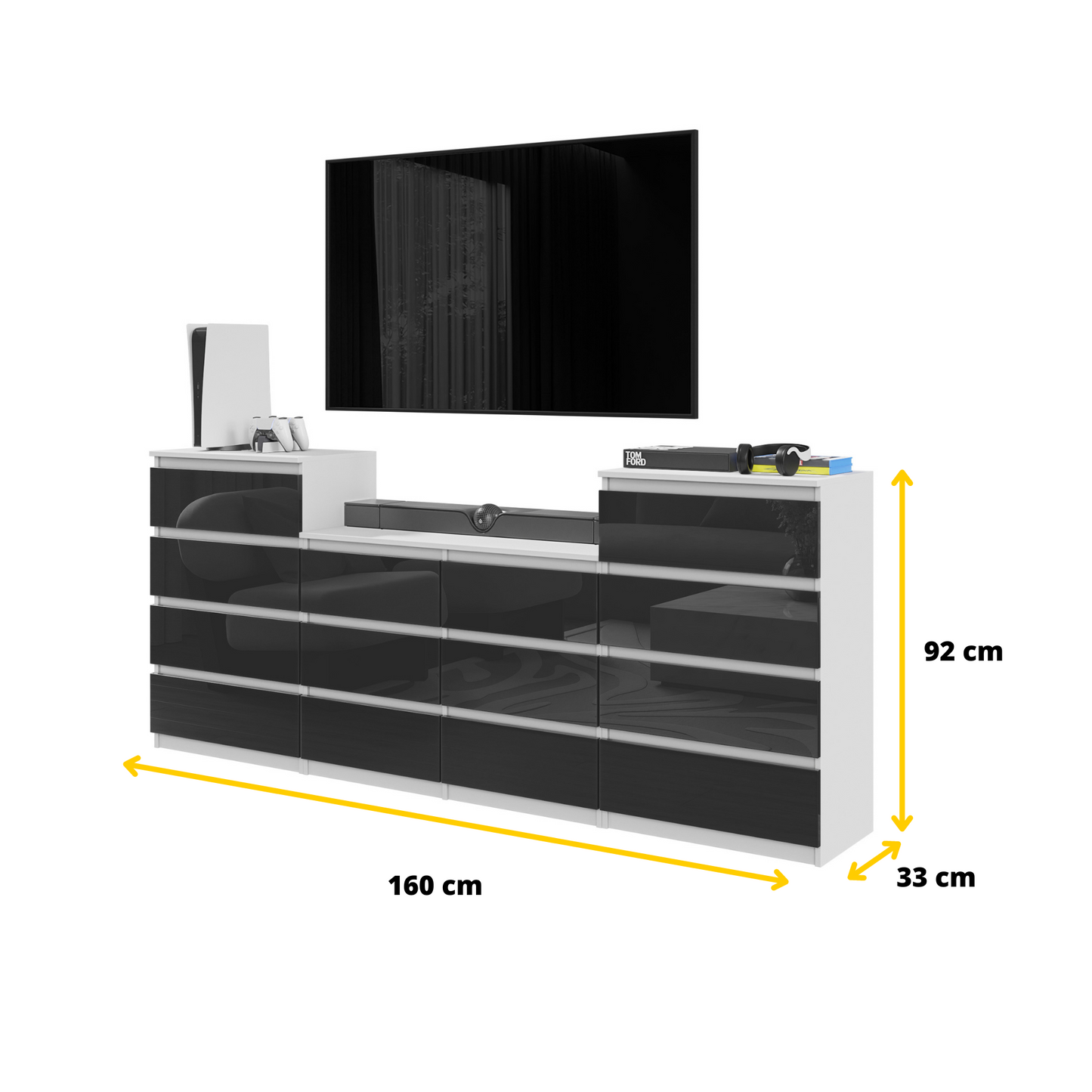 GABRIEL - Kommode / Sideboard mit 14 Schubladen (4+6+4) - Weiß Matt / Anthrazit Grau Gloss