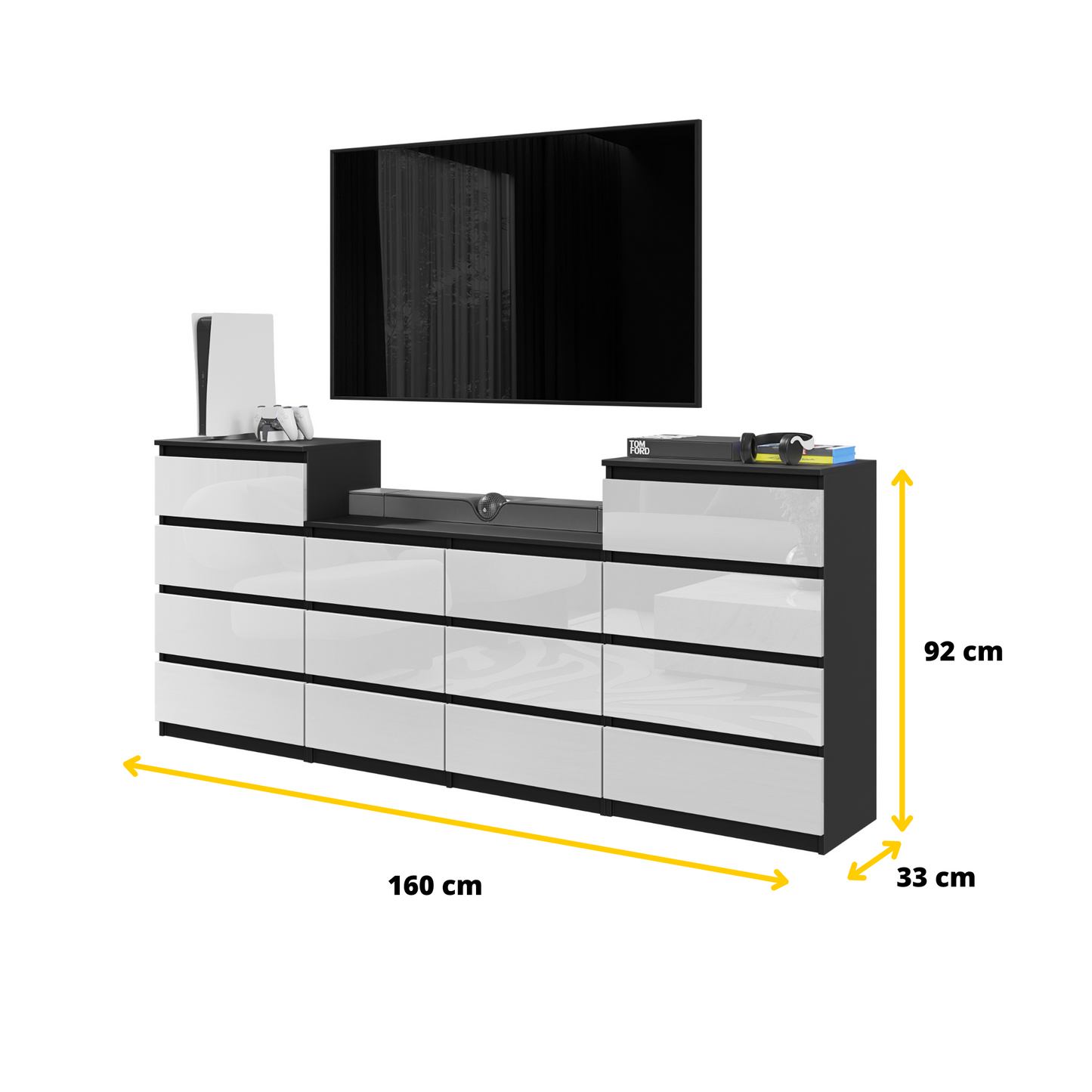 GABRIEL - Kommode / Sideboard mit 14 Schubladen (4+6+4) - Schwarz Matt / Weiß Gloss