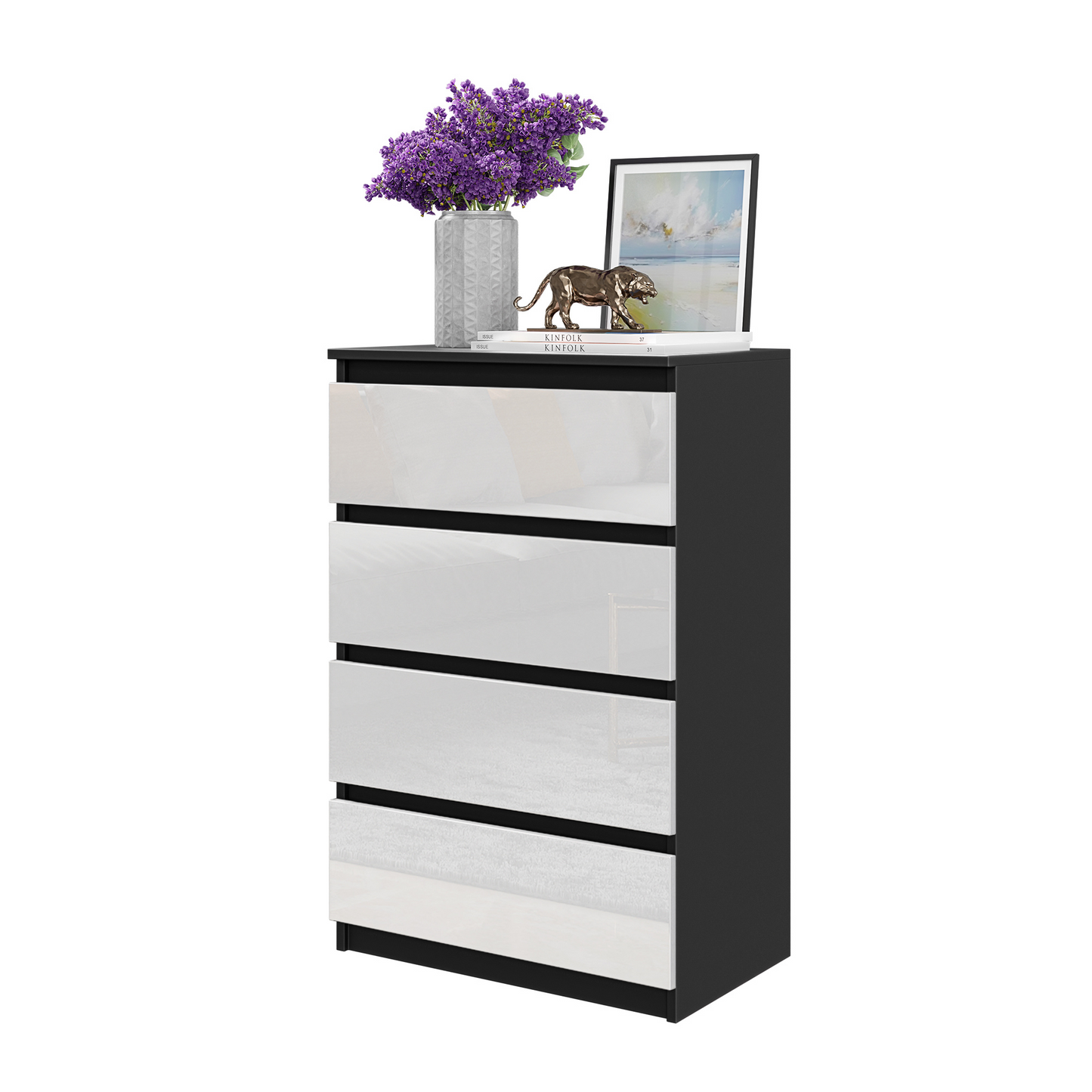 GABRIEL - Kommode / Sideboard mit 4 Schubladen - Schwarz Matt / Weiß Glanz H92cm B60cm T33cm