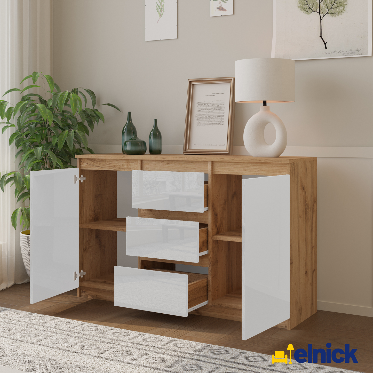 MIKEL - Kommode / Sideboard mit 3 Schubladen und 2 Türen - Wotan Eiche / Weiß Gloss