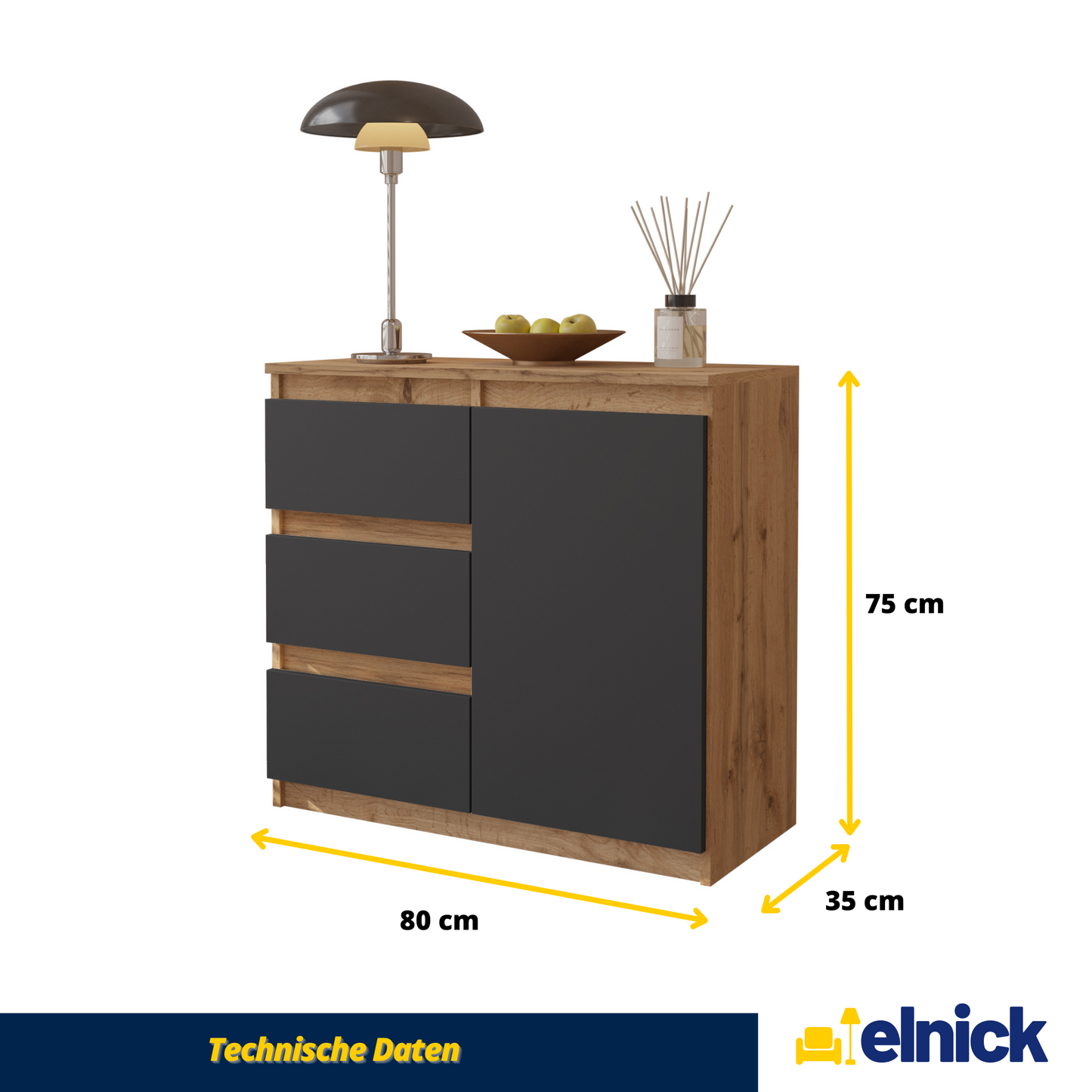 MIKEL - Kommode / Sideboard mit 3 Schubladen und 1 Tür - Wotan Eiche / Anthrazit Grau