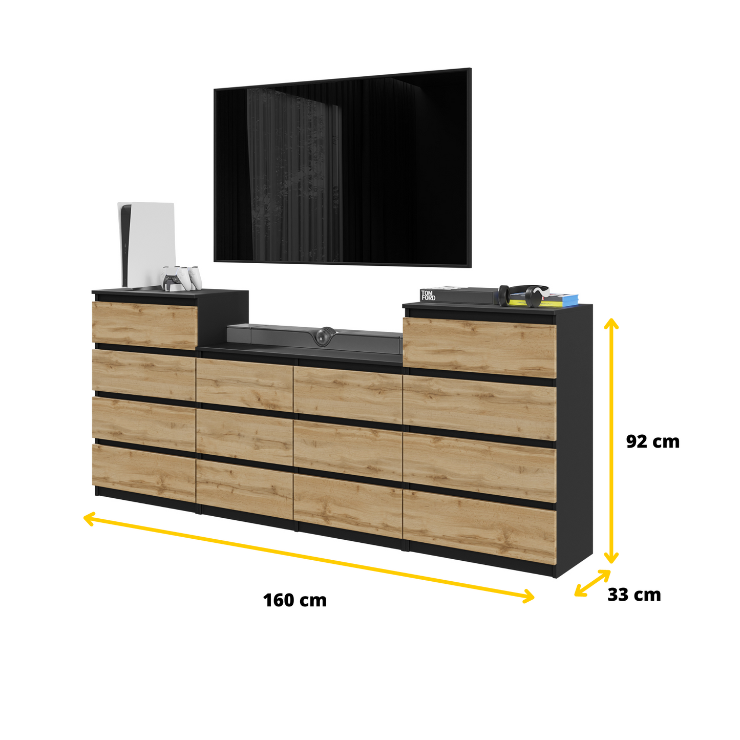 GABRIEL - Kommode / Sideboard mit 14 Schubladen (4+6+4) - Schwarz Matt / Wotan Eiche